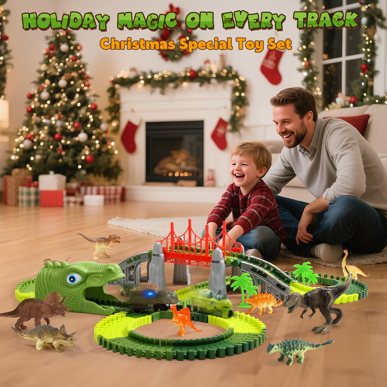 EagleStone Dinosaurier Rennbahn Set – 225 Teile Flexible Rennstrecke, 1 elektrisches Dino Auto mit Licht, 8 Dino Figuren, Dino Tunnelkopf, Weihnachts Geburtstagsgeschenk für Kinder von 3 bis 8 Jahren