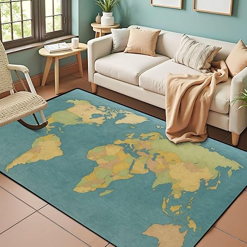 Retro Color World Map Borders Countries Roads Cities Detailed World Area Rug Outdoor Patio Rug Play Mat Modern Floor Carpet Non-Slip Home Decor