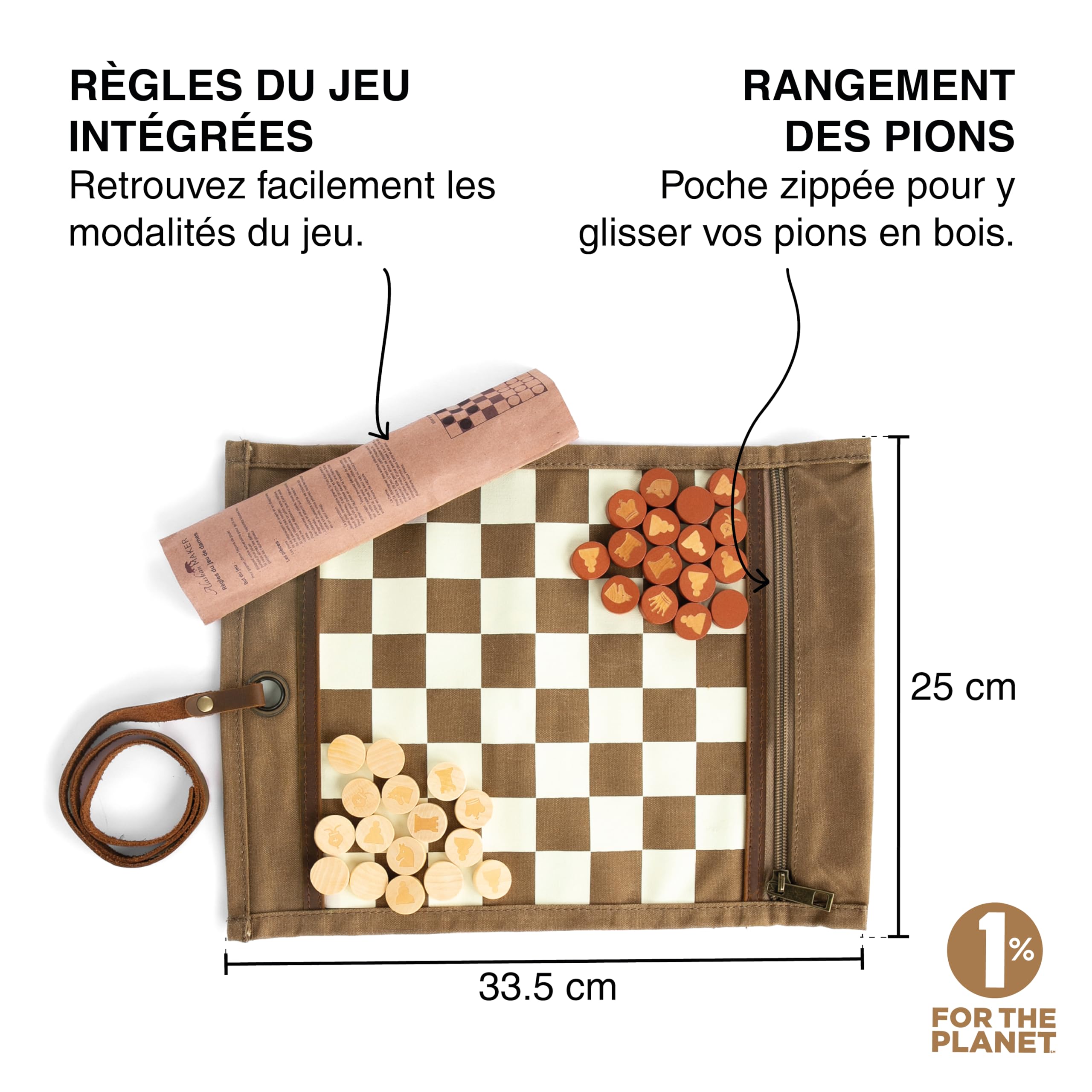 Alaskan MAKER - Juego de ajedrez y señoras 2 en 1 - Alfombra de lona enrollable enrollable - Peones de madera - Correa de piel completa flor - Ideal para viajar y jugar en cualquier lugar (habana)