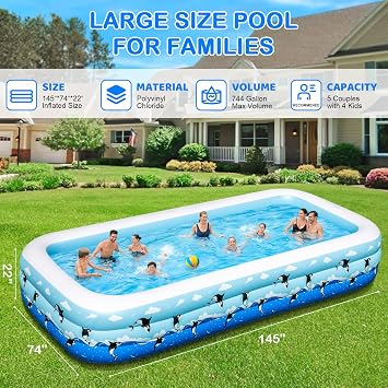 Inflatable Pool 145 x 74 x 22 Large Swimming Pool for Adults & Kids, Oversized Blow Up Pool for Family, Durable Thickened Backyard Kiddie Pool for Outdoor, Garden
