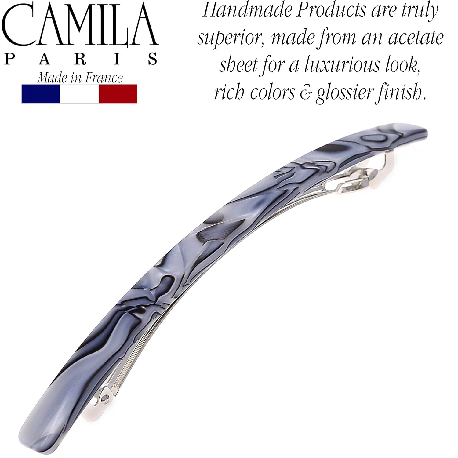 Camila Paris CP2978 French Hair Barrette Large Handmade Gray, Long Skinny Strong Hold Grip Hair Clips for Women, Thin Automatic No Slip and Durable Styling Girls Hair Accessories, Made in France - Image 4