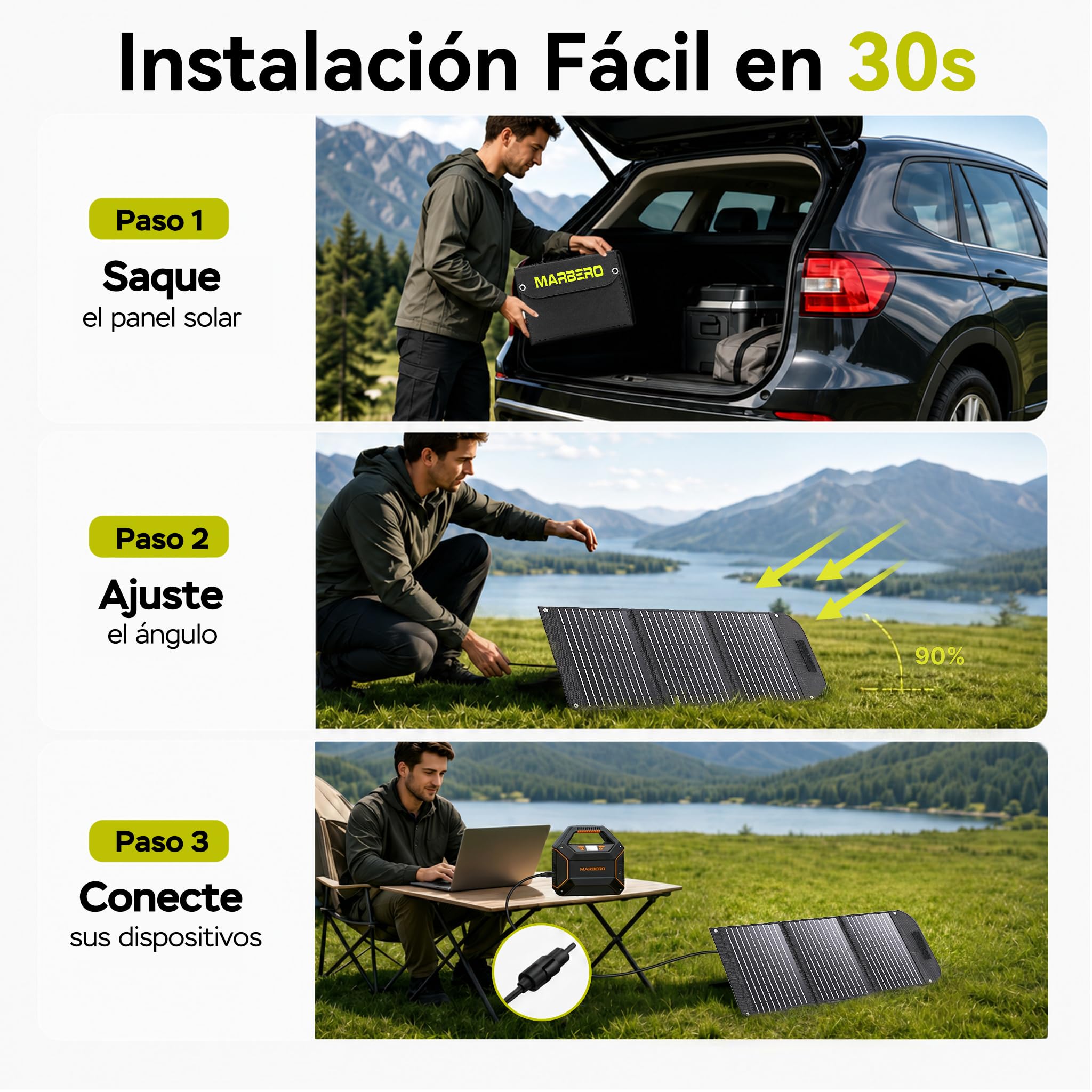 MARBERO Panel Solar Plegable 30W 16.5V, Cargador Solar Compacto y Ligero con Salida QC3.0 USB, Type-C y DC – Ideal para Smartphone, Tablet, Powerbank, Camping, Senderismo y Actividades al Aire Libre