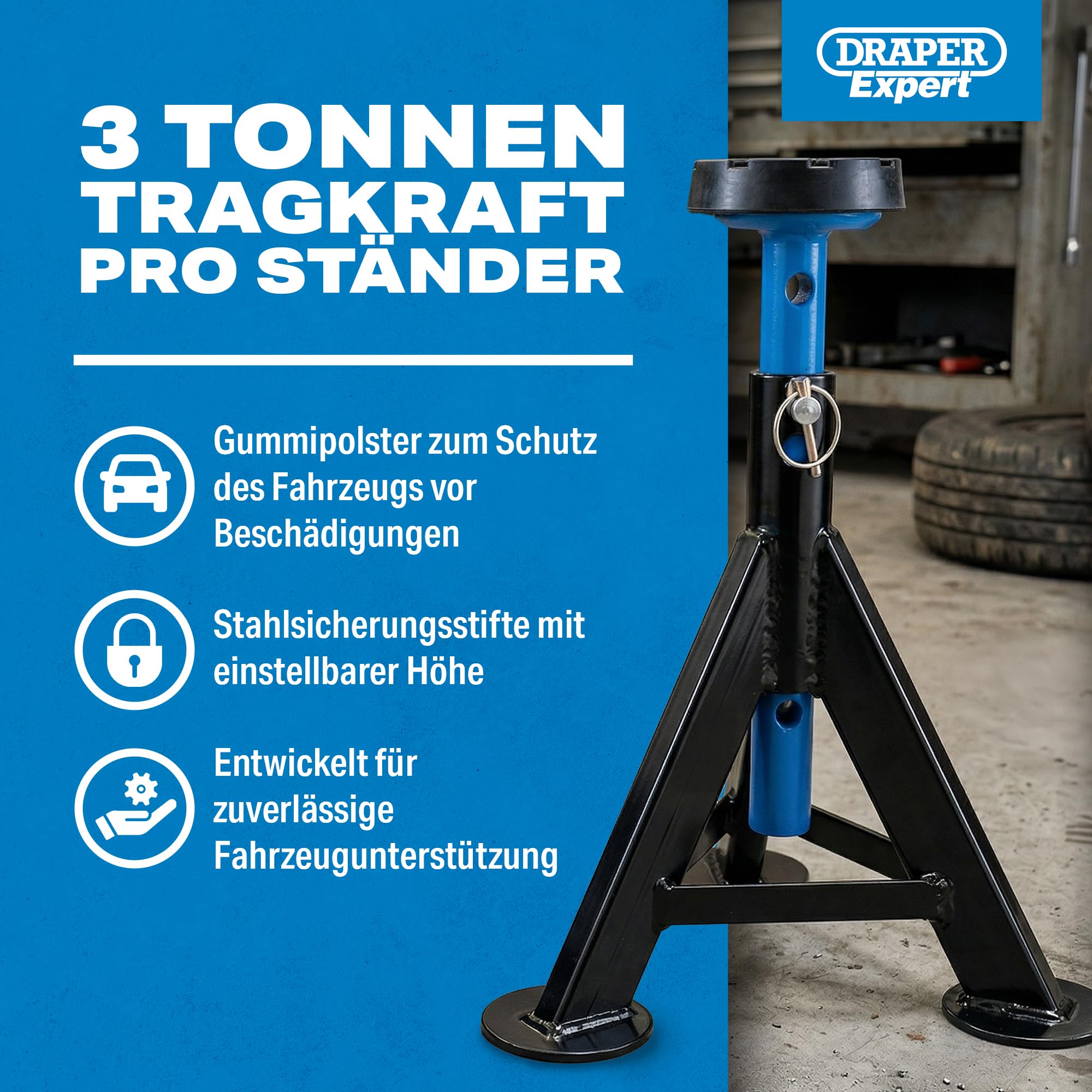 Draper Tools Expert Achsenständer (Paar), Blau | 3 Tonnen Tragkraft, einstellbare Sattelhöhe, Gummiauflage zum Schutz, gehärteter Stahl-Verriegelungsstift