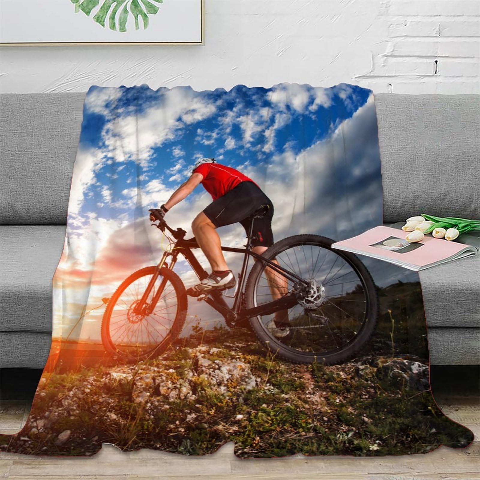 stampa 3D MountainBikeRider coperta microfibra biancheria da letto compatta e morbida coperta da viaggio leggera per studenti in trasferta OutdoorAdventureStyle 70×80inch(180x200cm)