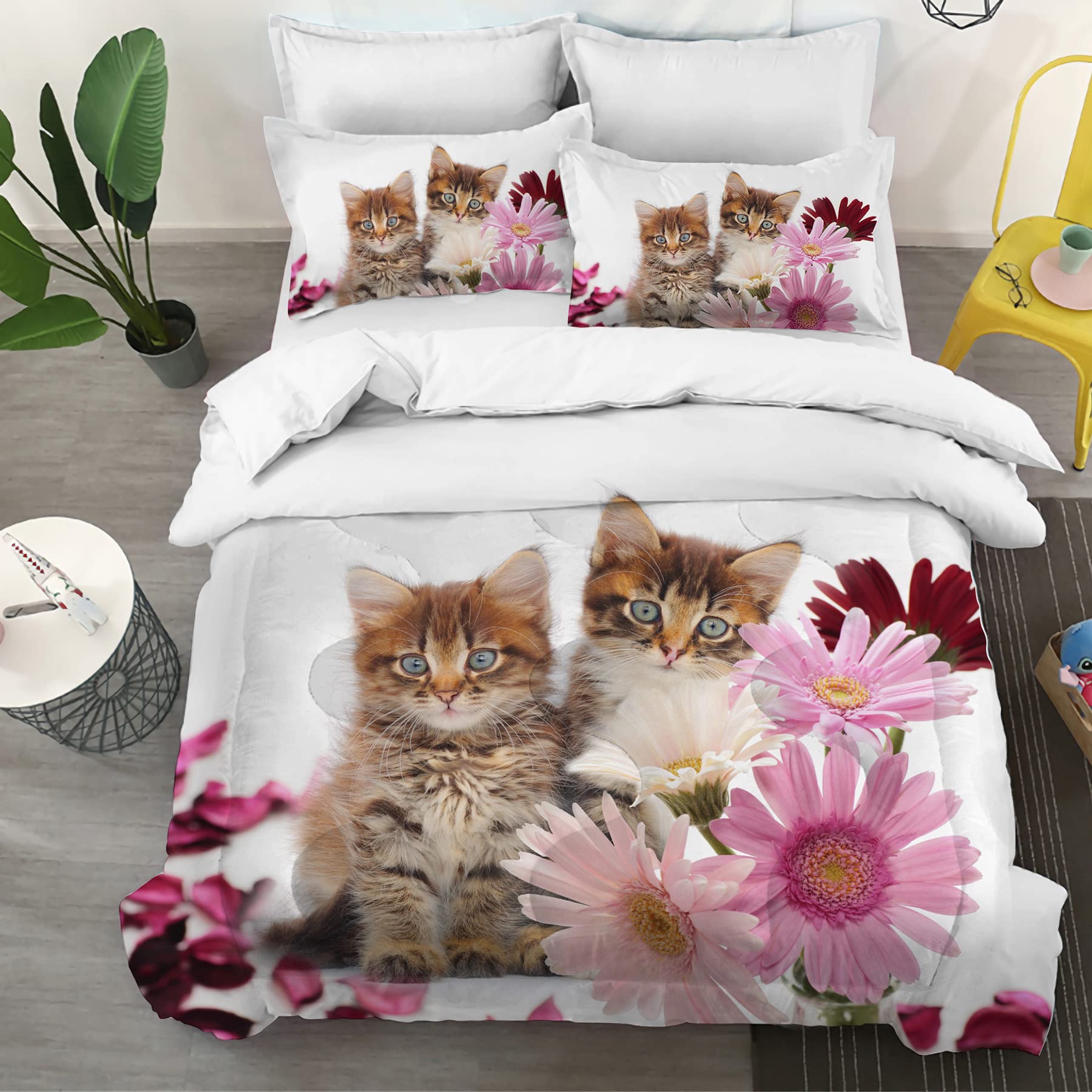 Yasida Cat Comforter Set Queen Size for Kids Pink Flowers Cats 3Pcs Bedding Set for Boys and Girls (1 Comforter+ 2 Pillowcases) Lovely Animal Pets Duvet Set
