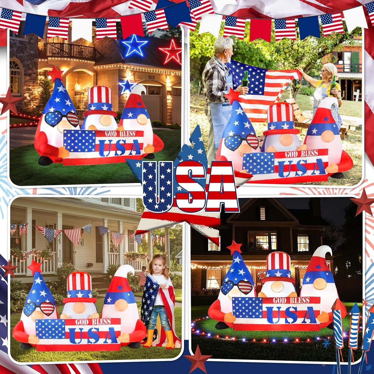 4th of July Inflatables Outdoor Decorations 6FT Long Patriotic Inflatable Memorial Independence Day Blow Up Gnome American Flag Led Lights Fourth of July Blow Ups Garden Yard Lawn Décor