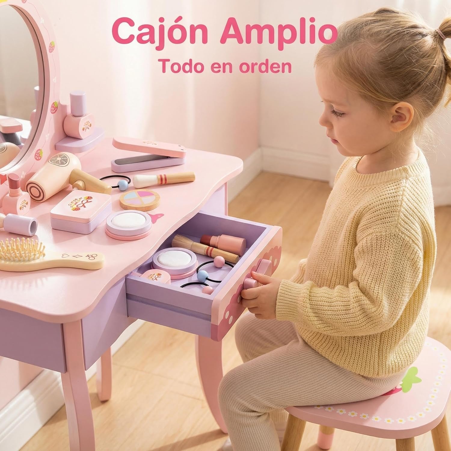 Owii Children's Wooden Dressing Table, Pretend Play Set for Little Girls, Makeup Table with Mirror, Drawer, Stool and Wooden Makeup Accessories Kit 51 x 30 x 53.5 cm Pink