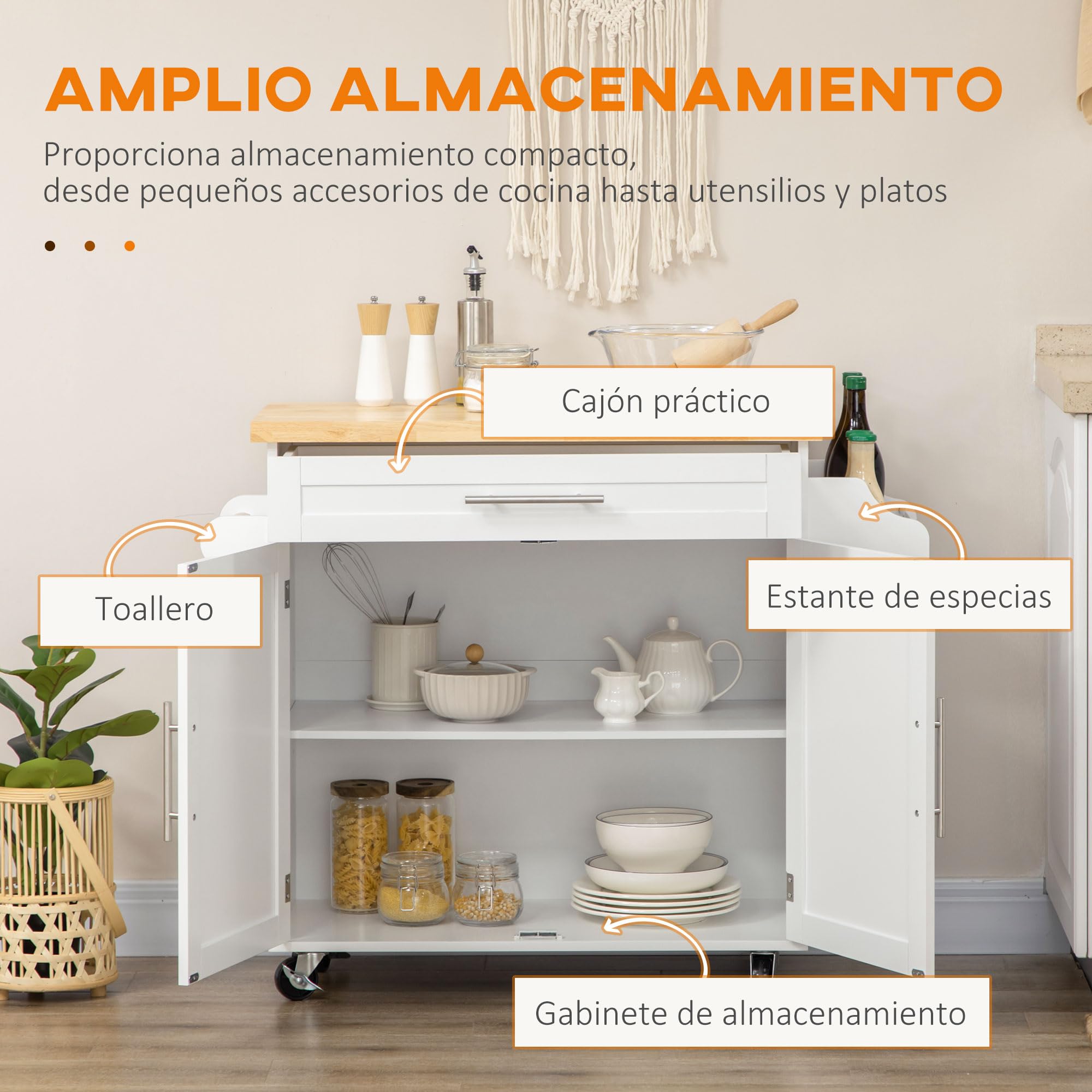 HOMCOM Isla de Cocina con Ruedas, Carro de Cocina con Cajón, 2 Puertas, Especiero, Barra para Paños y Estante Ajustable, para Comedor, 109x40x89 cm, Blanco