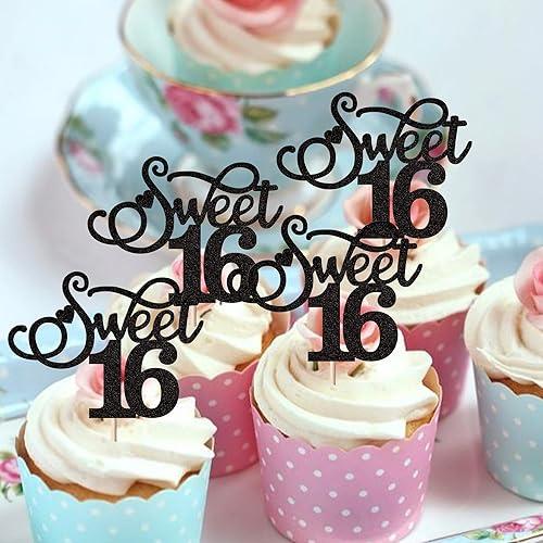 Miniatura 4 de Rsstarxi Paquete de 30 adornos para cupcakes con purpurina de 16 años de edad, diseño de corazón de amor, para cumpleaños de 16 años, bodas,