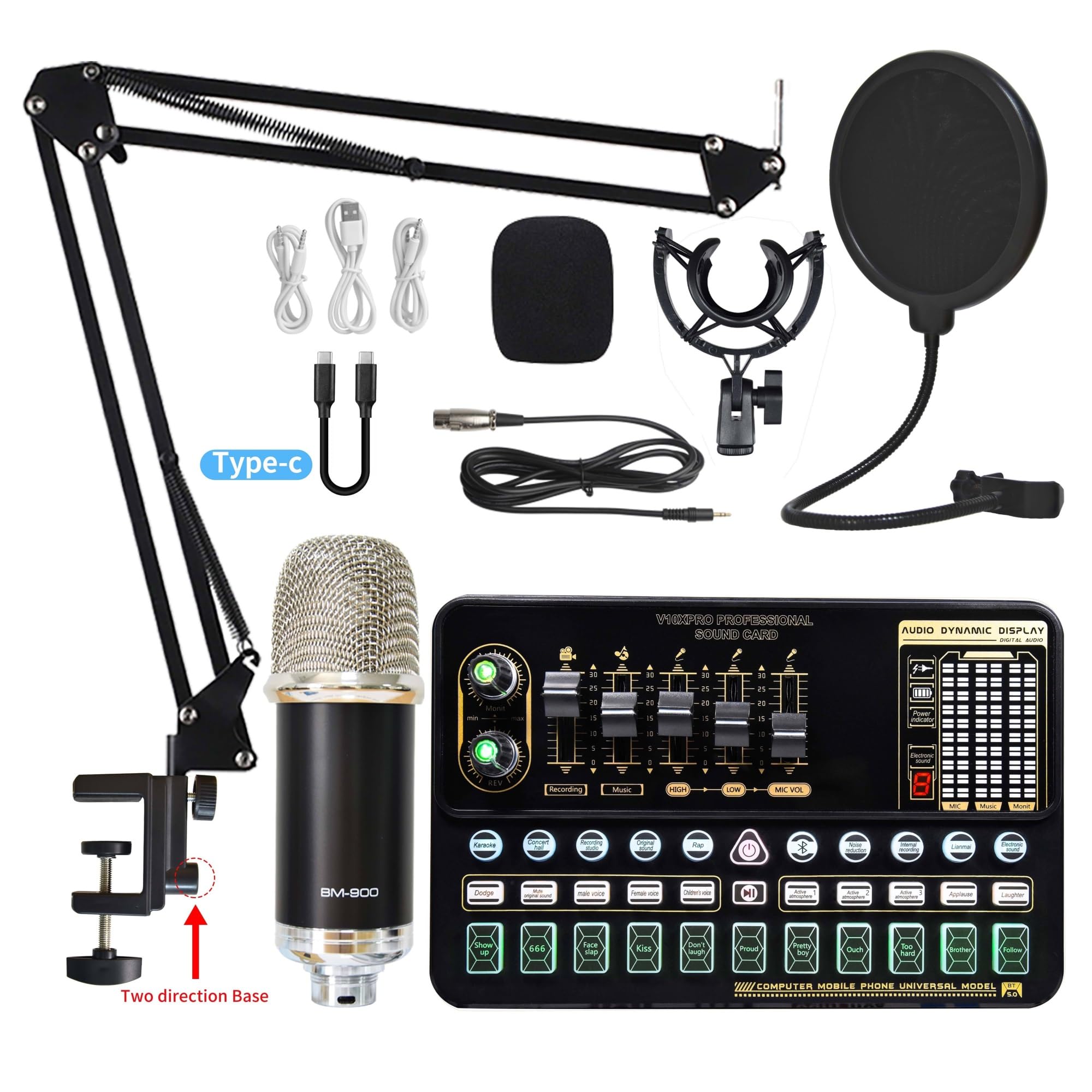 Soundkarten-Kit, Kondensatormikrofon-Paket, Soundkarten-Kit mit Verstellbarer Mikrofonaufhängung, Scherenarm, professionelles kabelloses Studio-Karaoke-Mikrofon-Studio-Se，V10XPRO Sound Card 1