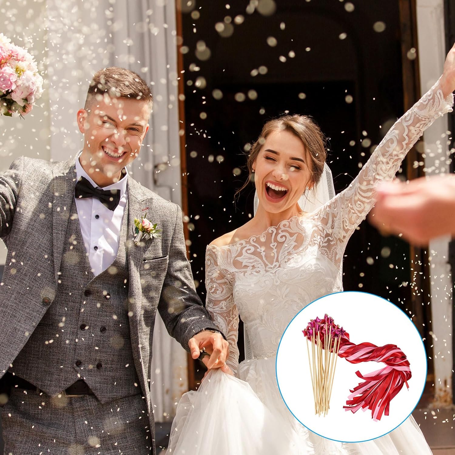 PATIKIL Fairy Wands, 24 Pack Ribbon Streamers with Bells Silk Stick for Wedding Party Birthday Activities Holiday Celebration (Burgundy, Rose Red)