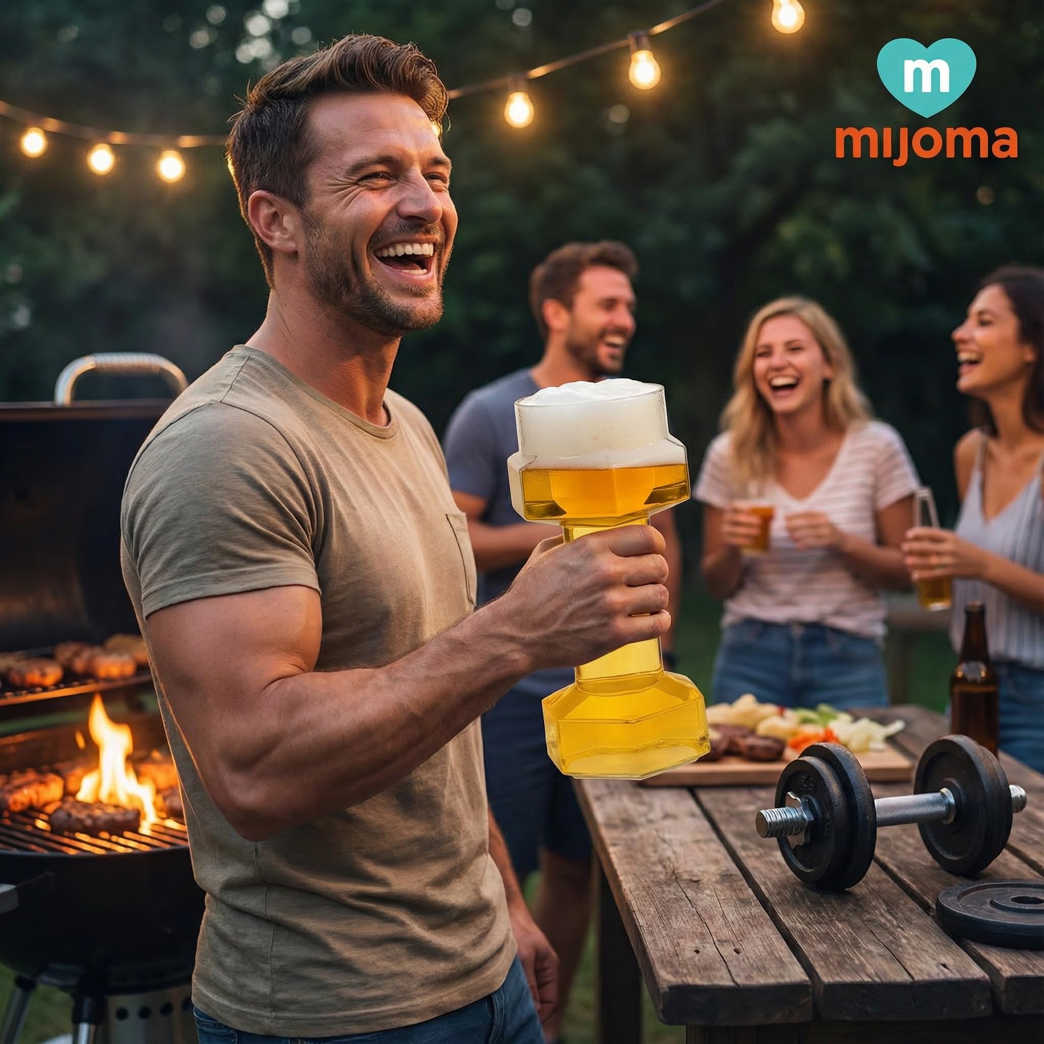 MIJOMA Bicchiere da birra a forma di manubrio, 22 cm – 700 ml – Allenamento casual per sport del bere, manubrio per amici della birra per fitness e feste – Un'avventura birraria per gli amanti del