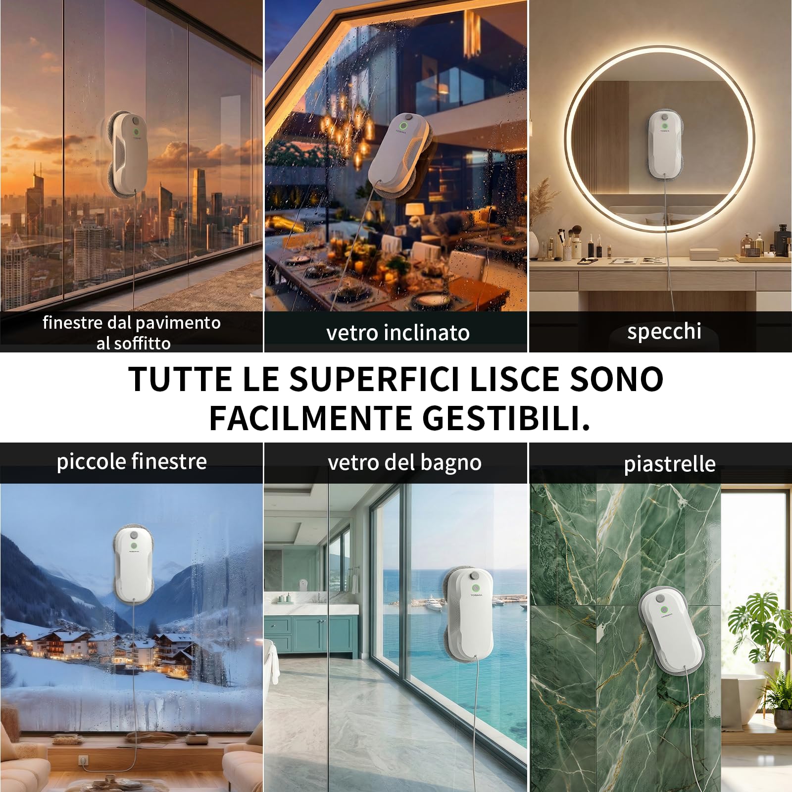 Tosima W5 Pro 6400 Pa Robot Lavavetri, Doppia Spruzzatura ad Ultrasuoni, Pulitore Automatico per Vetri, Telecomando, 20 Panni in Microfibra