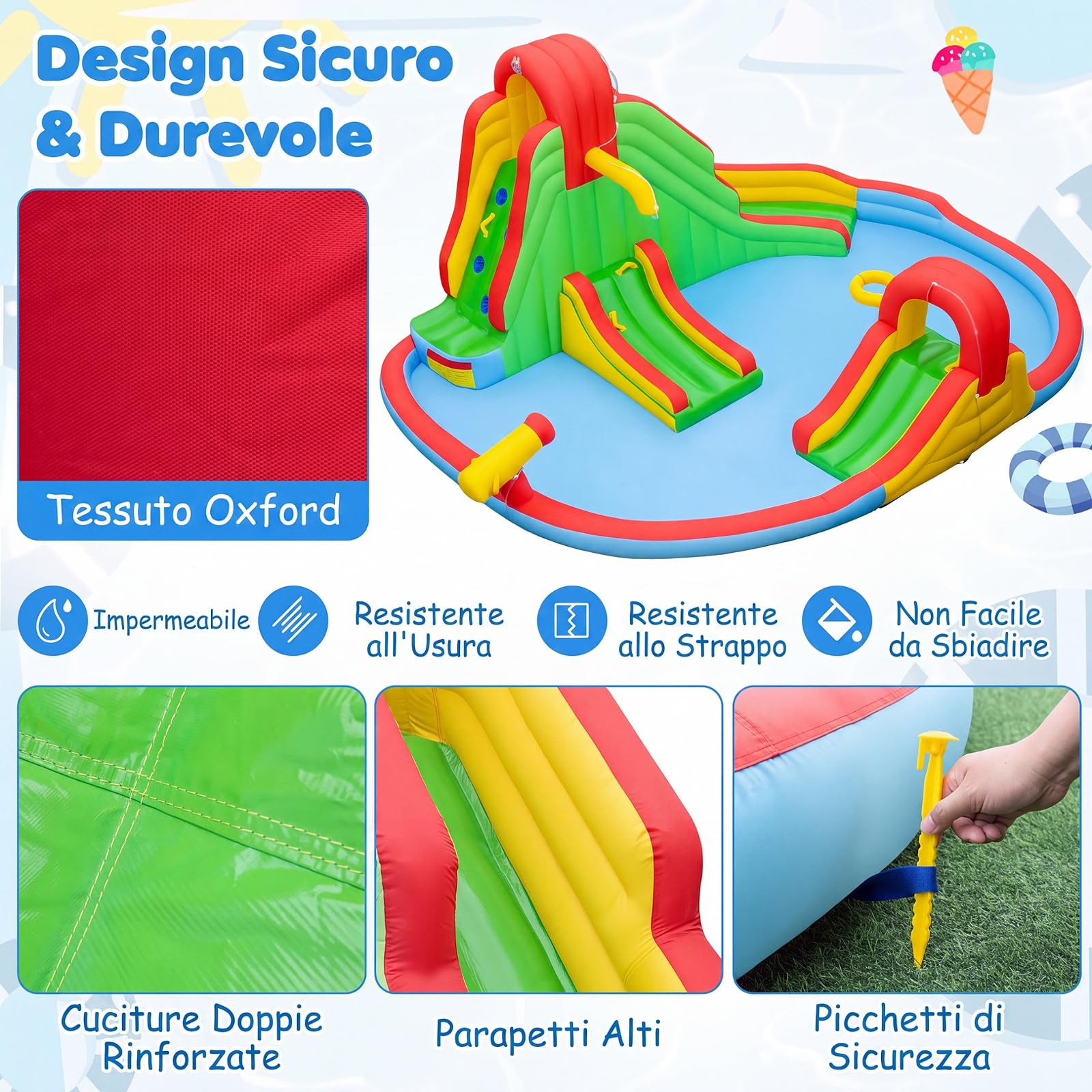 COSTWAY Castello Gonfiabile per Bambini 3-12 Anni, Grande Parco Acquatico di Giochi con Doppio Scivolo, Piscina, Parete da Arrampicata e Canestro da Basket, per Interno e Esterno