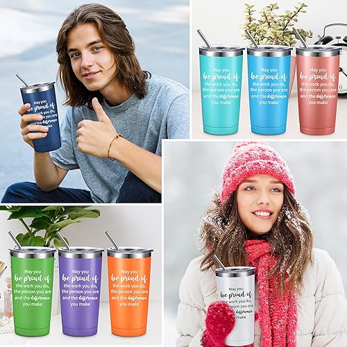 Miniatura 3 de Inbagi 12 juegos de vasos con llavero con texto en inglés "Thank You Be Proud" para mujer, vaso aislado de acero inoxidable de 20 onzas con tapas