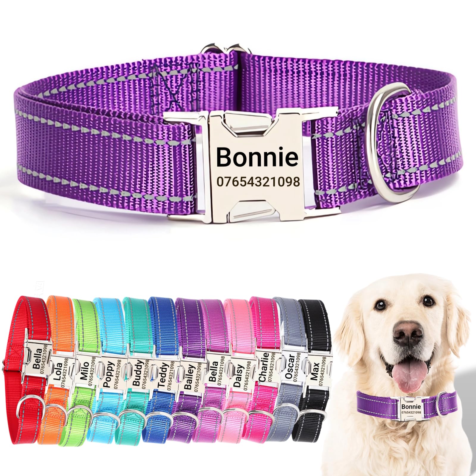 SEOUGEE Personalised Dog Collar with Engraved Metal Buckle, Reflective Nylon Collars for Small Medium Large Dogs with Custom Name Plate Phone Number (Dark Purple, S:Neck 30-40cm,Width 1.5cm) — image 1