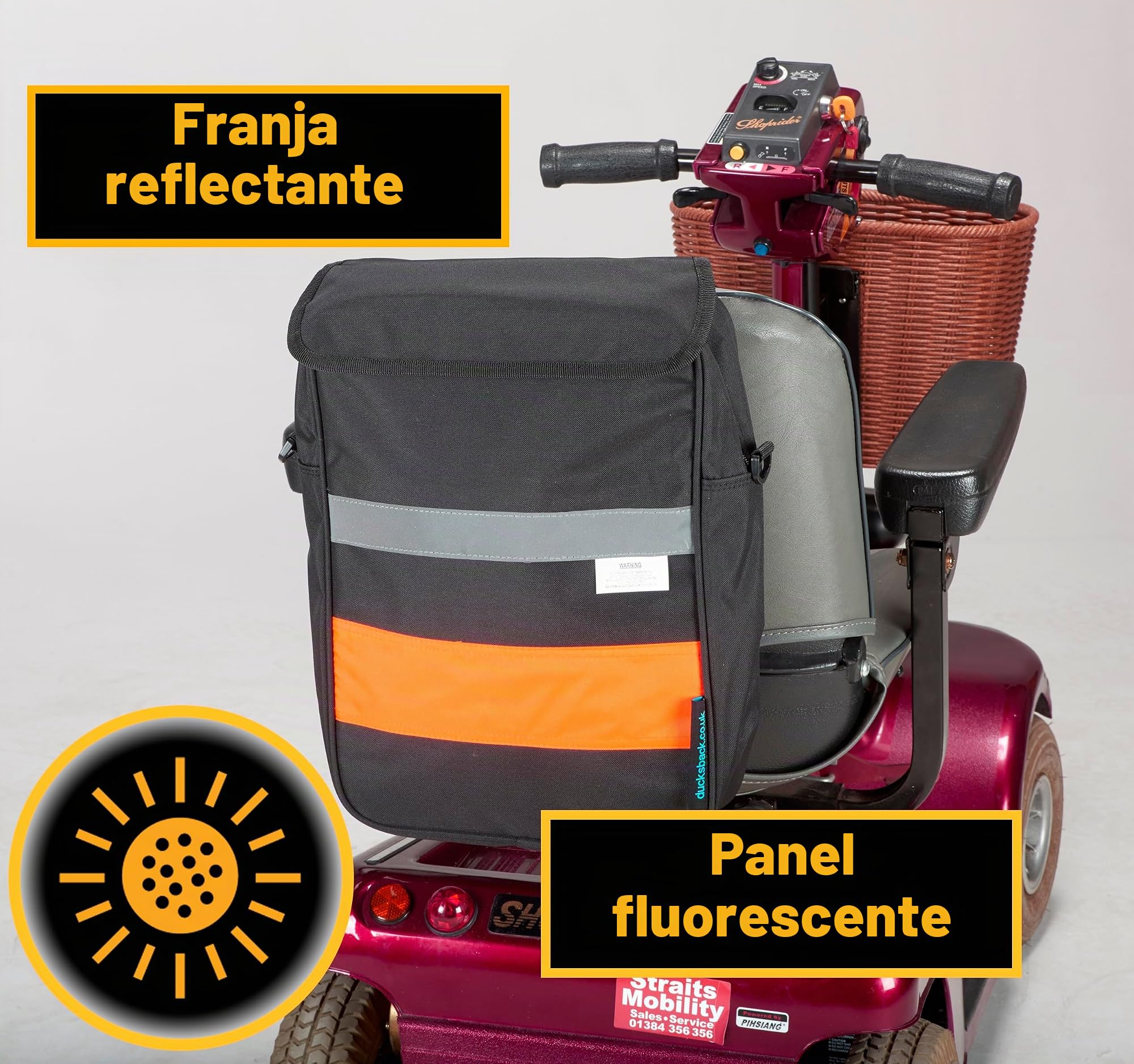Ducksback Borsa per scooter per disabili Deluxe Borsa per la spesa e la conservazione con cerniera fluorescente, Nero e arancione, L
