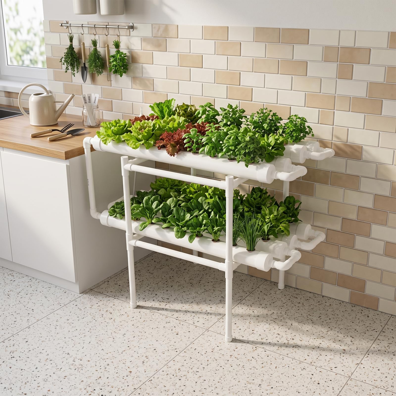 Kit de culture hydroponique, Système de culture en PVC-U à deux couches avec 72 emplacements et arrosage automatique, Système hydroponique sans sol pour le jardin, le balcon, la culture de légumes et