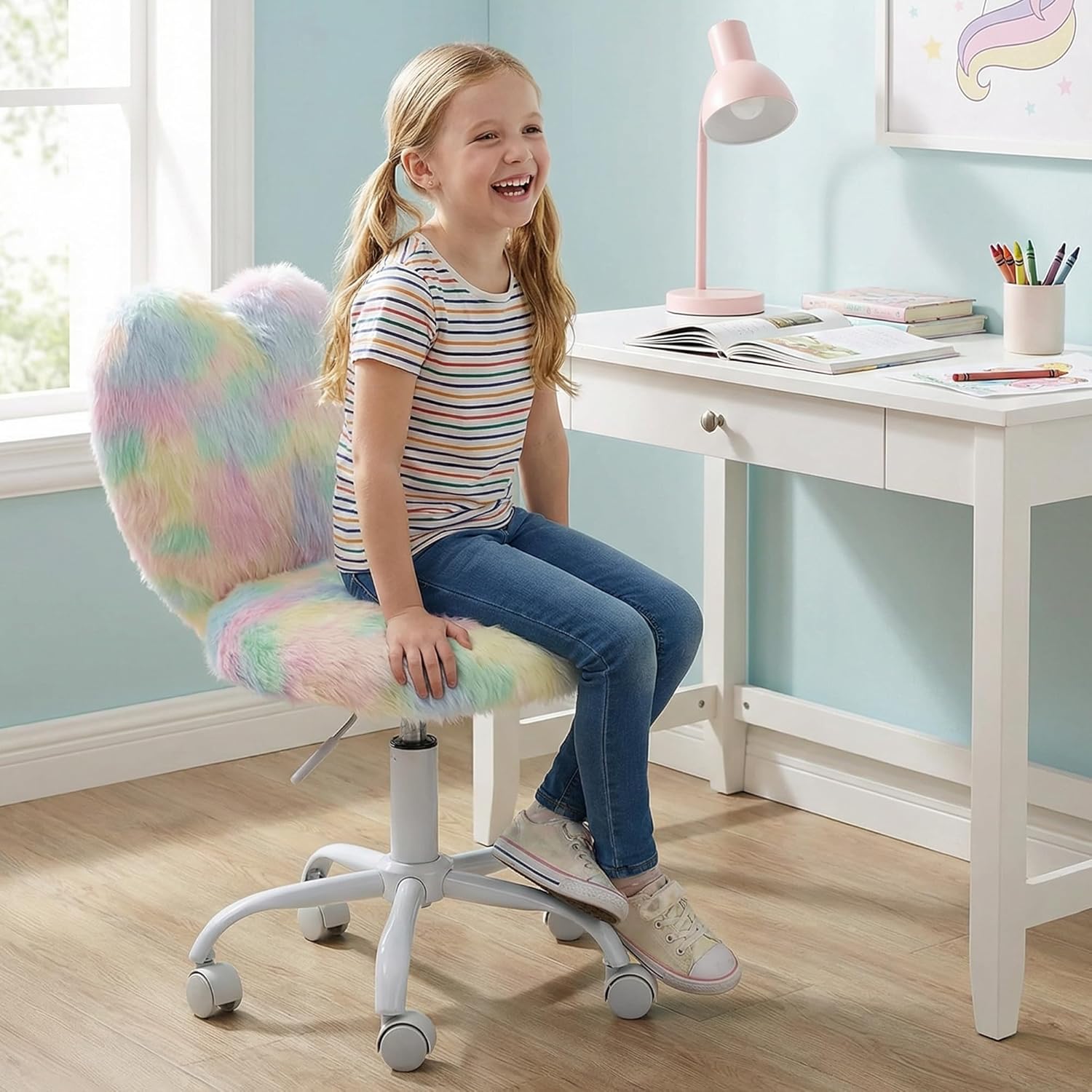 chairus Kids Desk Chair Faux Fur Small Study Chair for Teenage Girls, Adjustable Heart Shaped Kids Vanity Chair for Bedroom Reading Living Room, Cute Student Task Chair with White Foot, Macaron