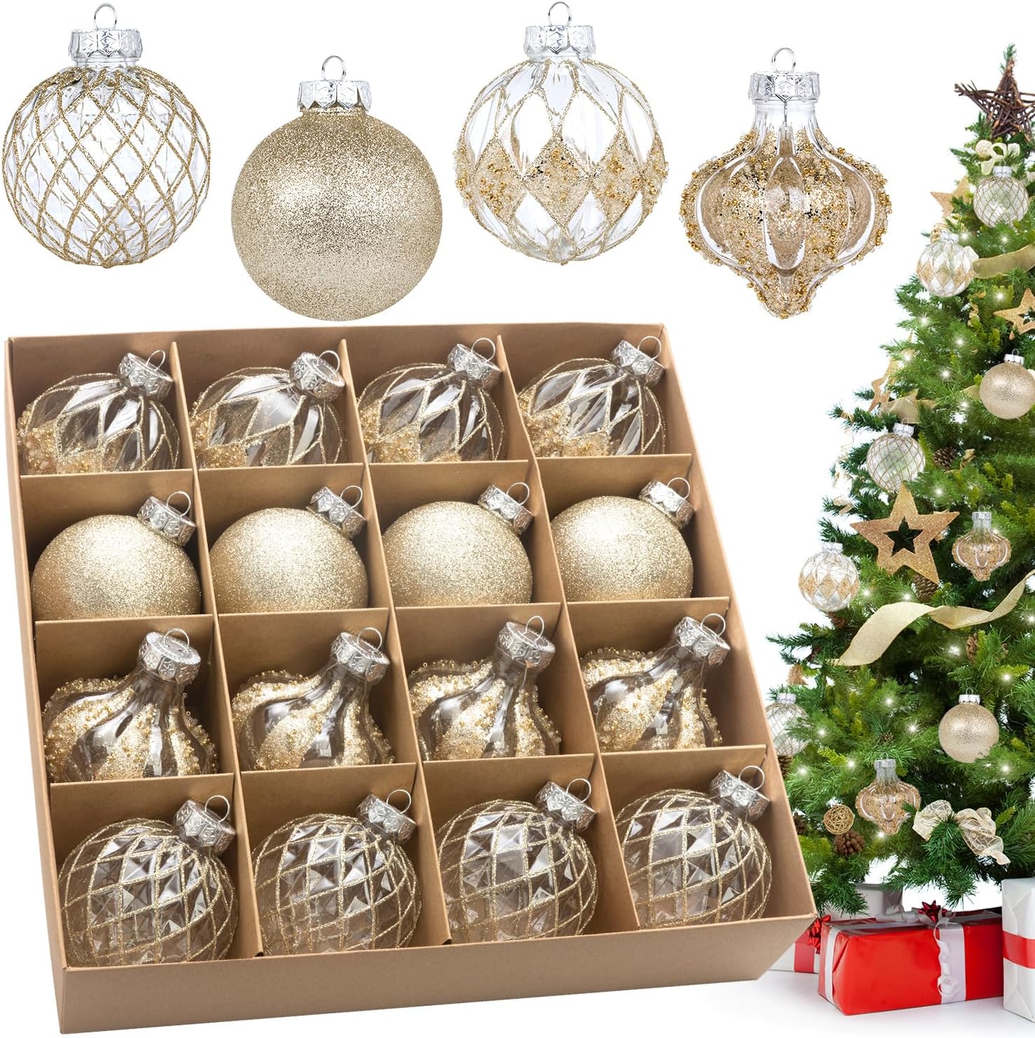 3.15" Clear and Champagne Christmas Ball Ornaments Set, 16 Pcs Luxury Hand-Painted Xmas Tree Decoration, Large Shatterproof Rustic Farmhouse Balls for Party Holiday Wreath Garland Home Decor