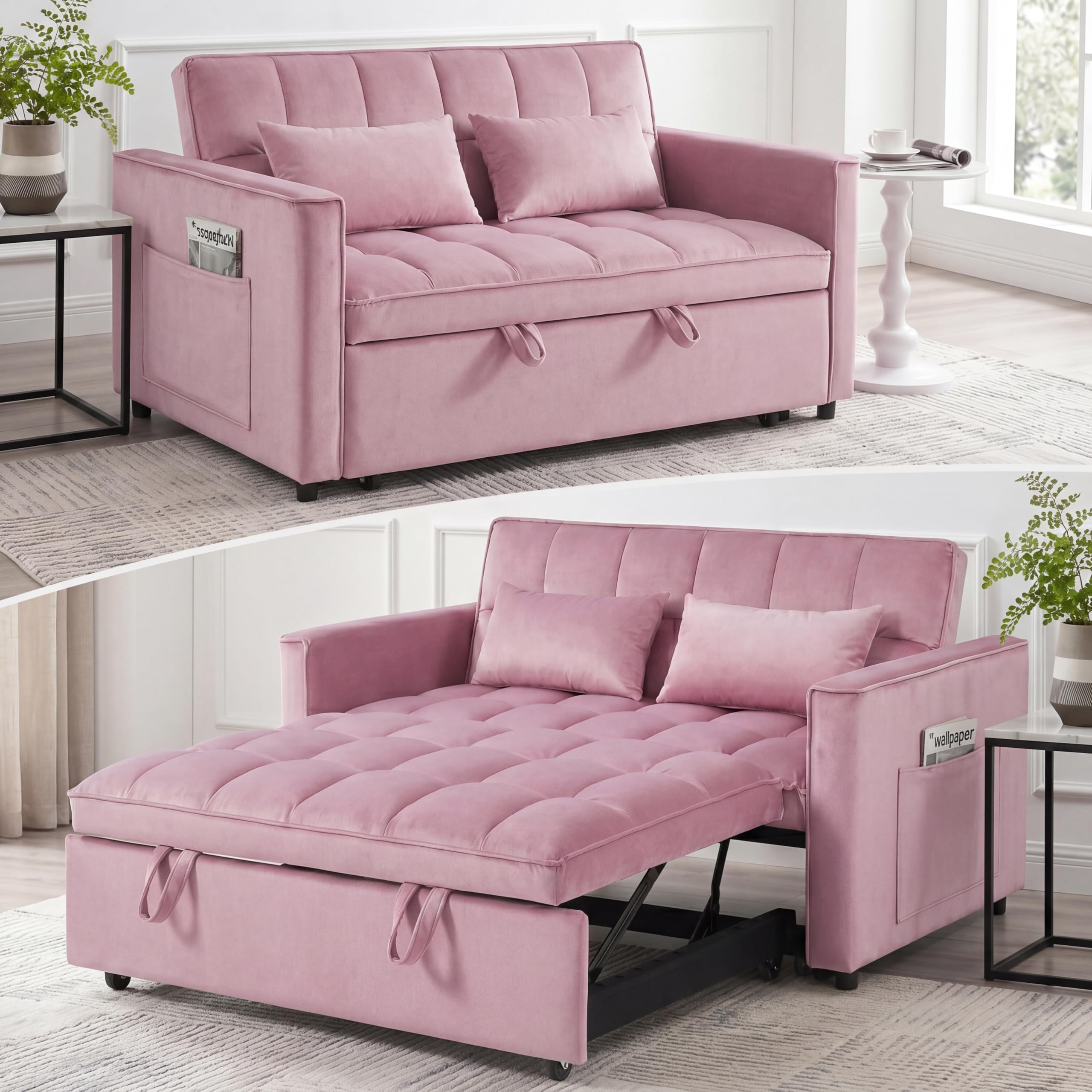 Sleeper Sofa 54 inch Velvet Convertible Light Pink