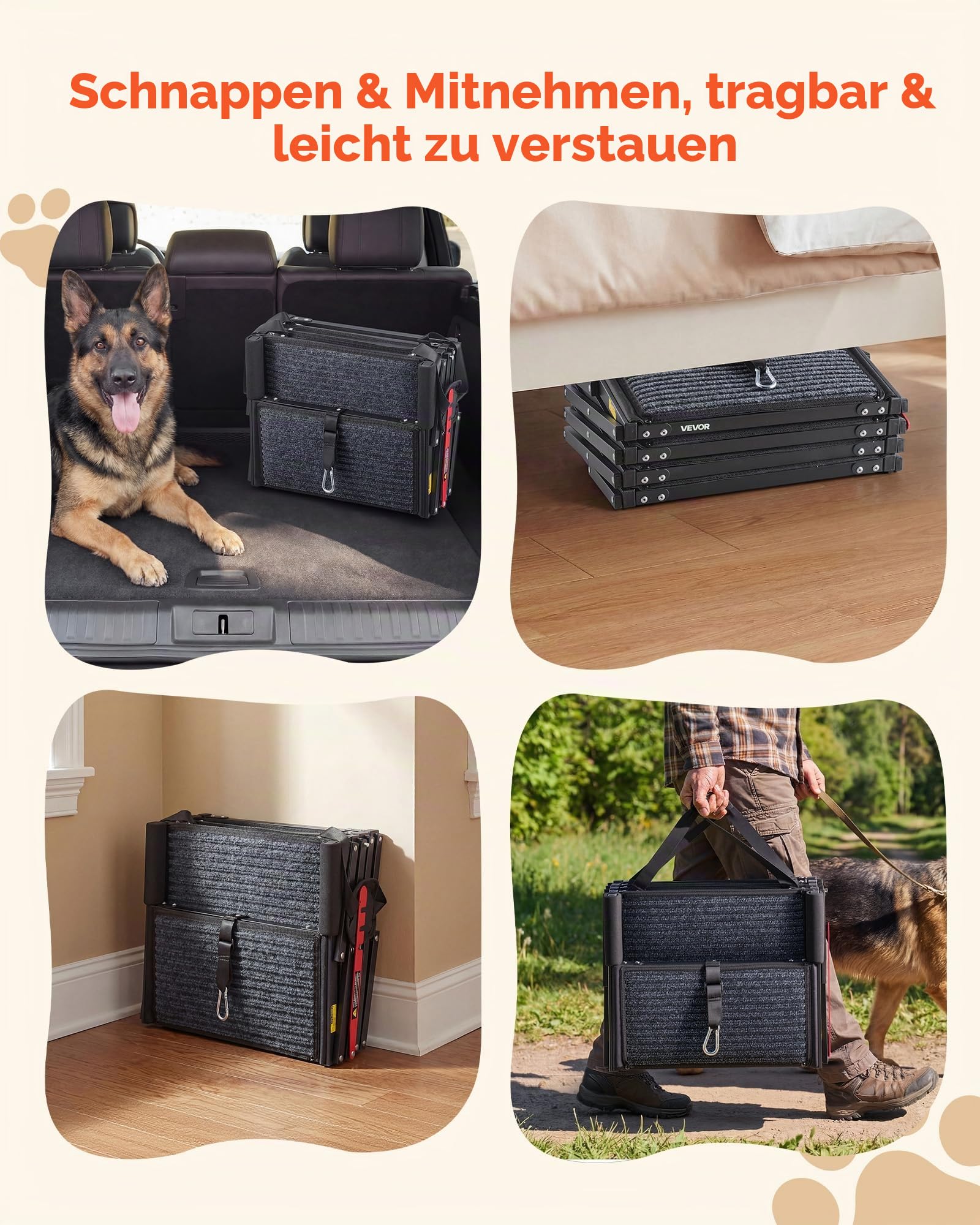 VEVOR Hundetreppe Auto Klappbar 4-Stufig, Extra Breite Hunderampe für Große Hunde mit Weichem Filzteppich, Tragbare Einstiegshilfe für Auto, SUV, LKW, Hochbett, Sofa, Tragkraft bis 90 kg