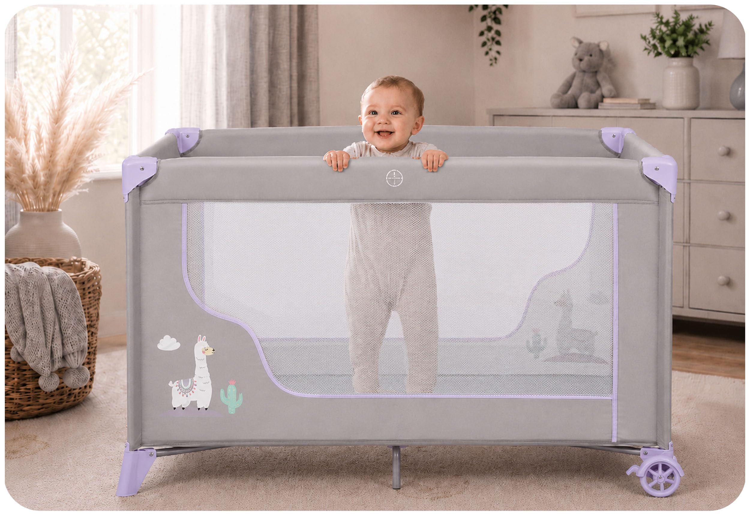 Ricokids Łóżeczko turystyczne dla niemowląt z materacem 123,5 x 64 x 76 cm do 15 kg 2 koła z hamulcami jasnoszary lawendowy
