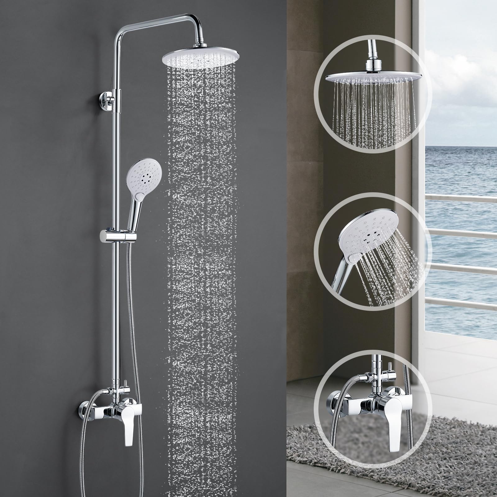 Colonna Doccia con Miscelatore, Coleniny Sistema Doccia Altezza Regolabile 110-145cm, Doccia Colonna con Soffione Pioggia, Flessibile Doccia 150cm, 3 Doccetta a Spruzzo, Cromato