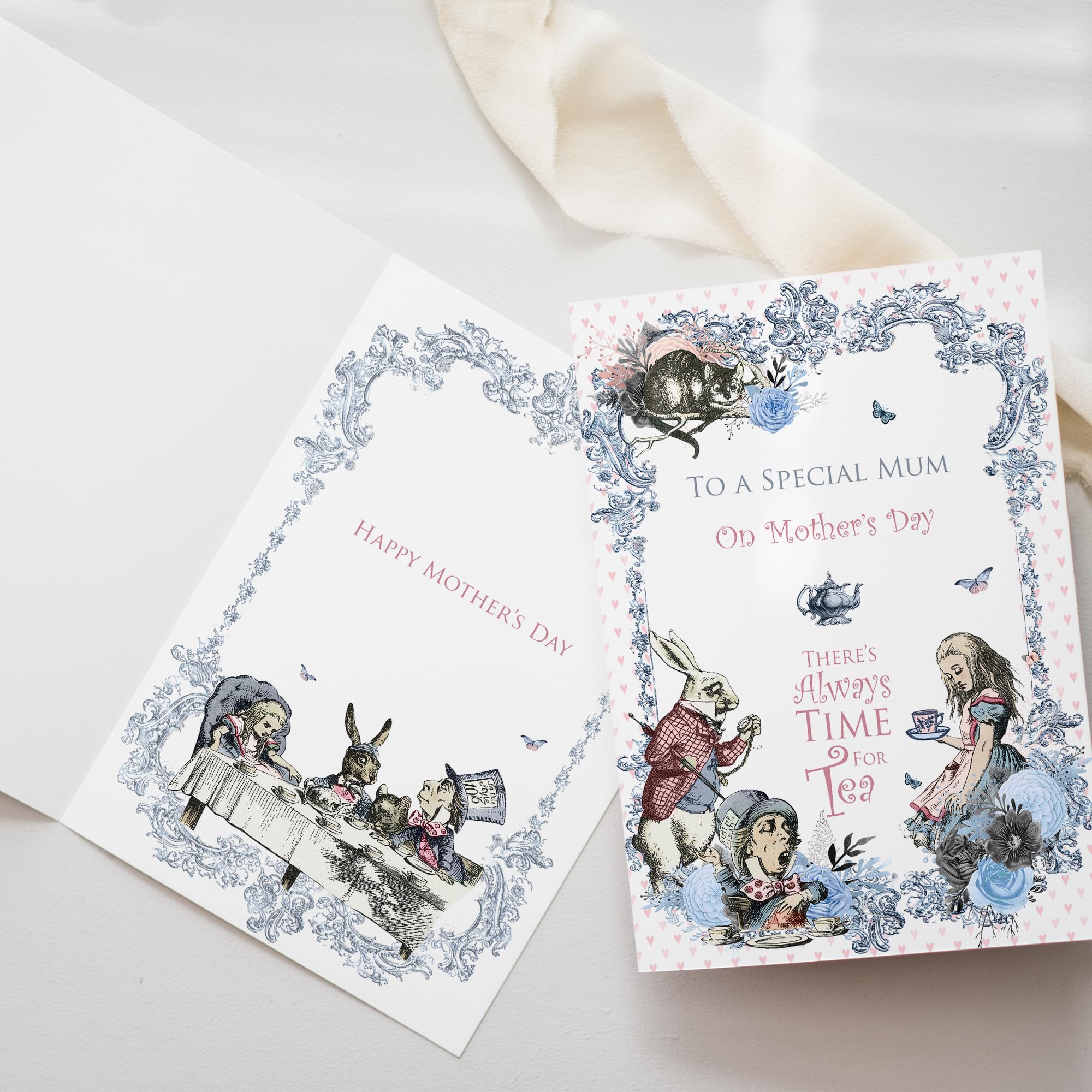Personalised A5 Whimsical Alice in Wonderland Mothers Day card featuring all your favourite characters and quotes, from the Mad Hatter, the Cheshire Cat and the White Rabbit.