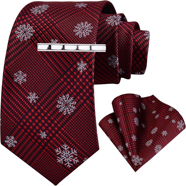 GUSLESON 3.15"8cm Christmas Tie For Men Festival Pattern Necktie and Pocket Square tie clip Set