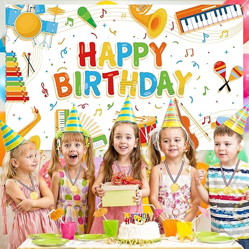 Miniatura 6 de Cartel de notas musicales para niños, decoración de feliz cumpleaños, instrumento musical, fondo de fiesta de rock and roll para niños y niñas,