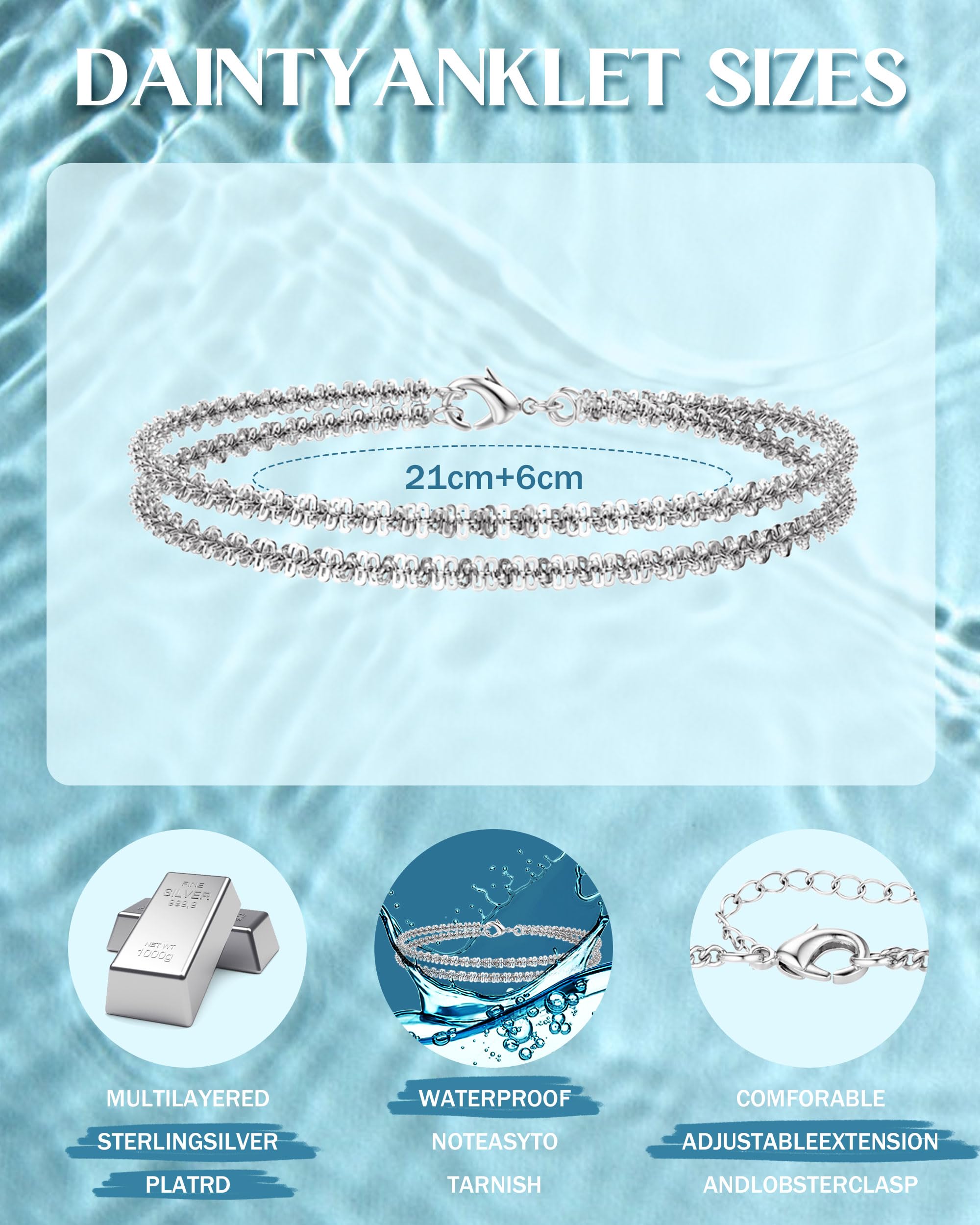CASSIECA Cavigliere da Donna, Cavigliera Donna Argento 925 Cavigliere Donna Regolabili Cavigliere Argento per Donne Ragazze Stratificate Cavigliere Argento Cavigliere Impermeabili Gioielli Spiaggia