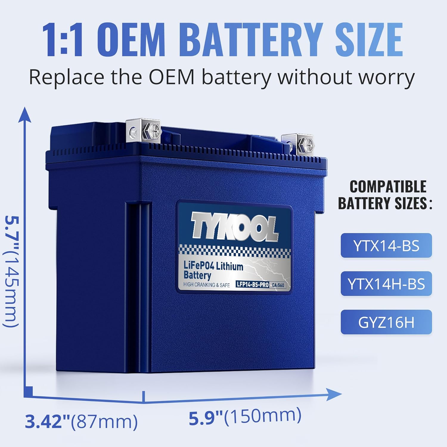 TYKOOL YTX14-BS/YTX14H/GYZ16H High Performance Lithium LiFePO4 Motorcycle Battery,480CCA,12V 8Ah,Fits for ATV,UTV,Jet Ski,Snowmobile,Quad,Tractor,Riding Lawn Mower,Polaris Battery