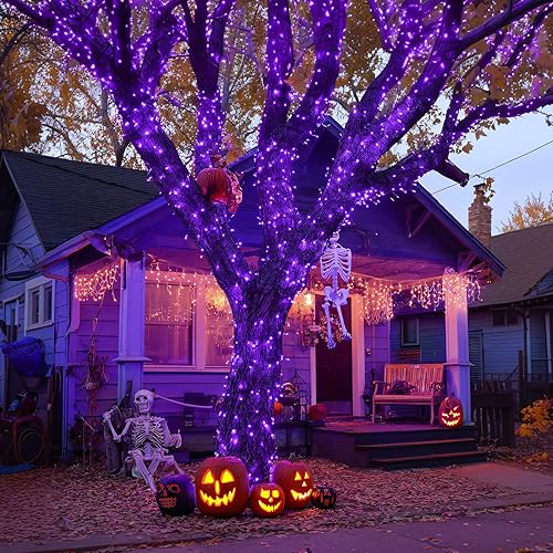 Miniatura 3 de JMEXSUSS 600 luces LED solares moradas de Halloween, 206.7 pies, luces solares de Navidad impermeables para exteriores, 8 modos de luces moradas