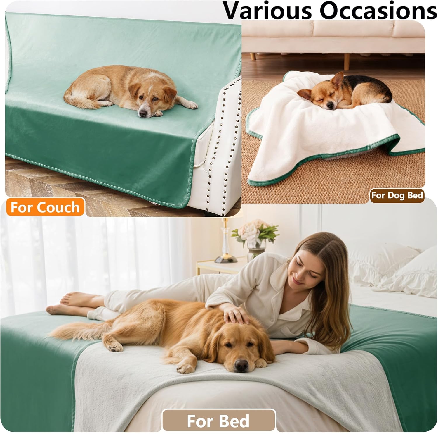 Waterproof Blanket for Couch, Leak Proof Dog Bed Blankets Reversible, Pet Throw Sofa Furniture Protector Machine Washable-52 x82,Green+Cream