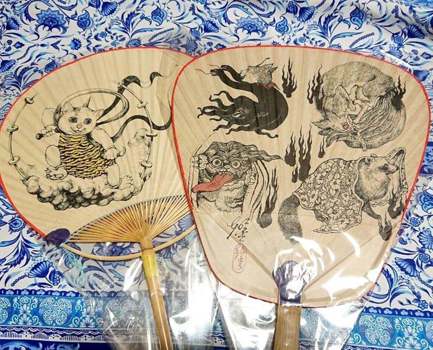 ヒグチユウコ　うちわ　2点セット　若冲雄鶏　猫風神雷神図 ヒグチユウコ うちわ 2点セット 若冲雄鶏 猫風神雷神図