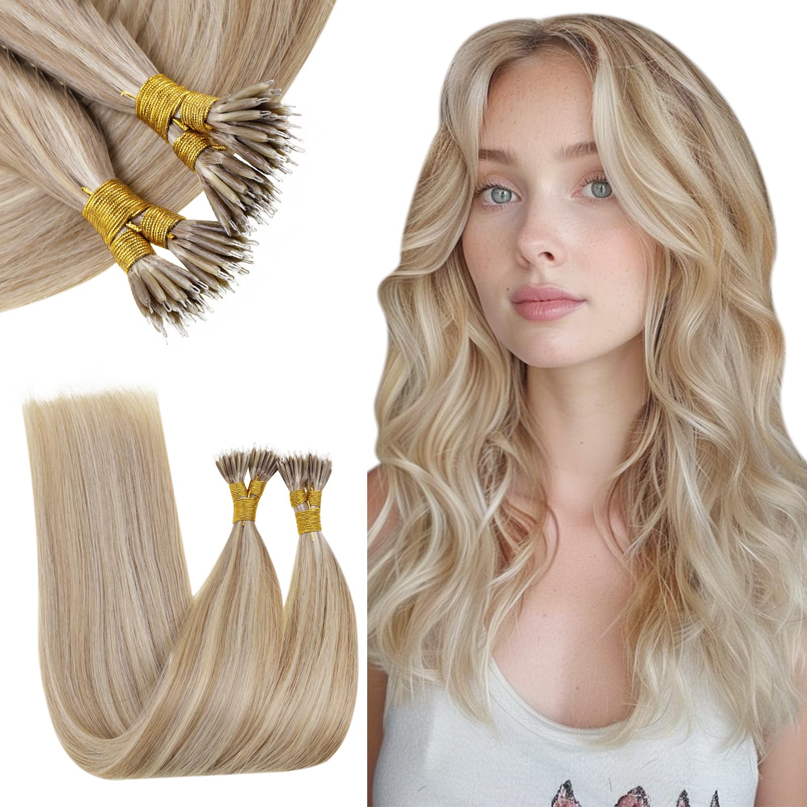 RUNATURE Blonde Nano Beads Hair Extensions Blonde Highlight Brown Nano ...