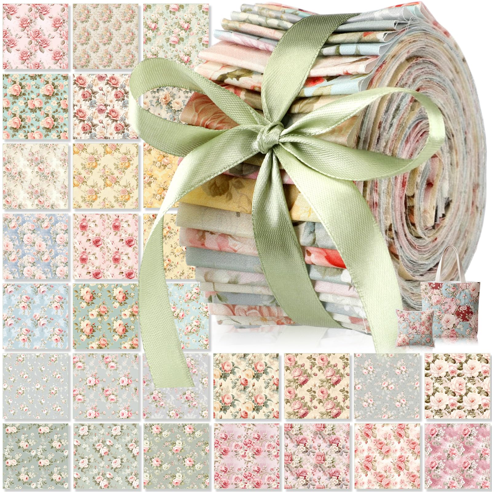 Tatuo Colorful 60 Pcs Jelly Fabric For Quilting 100% Cotton Roll Quilting Fabric 2.56 X 40 Inch Precut Strips For Sewing Assorted Floral Prints(Rose)