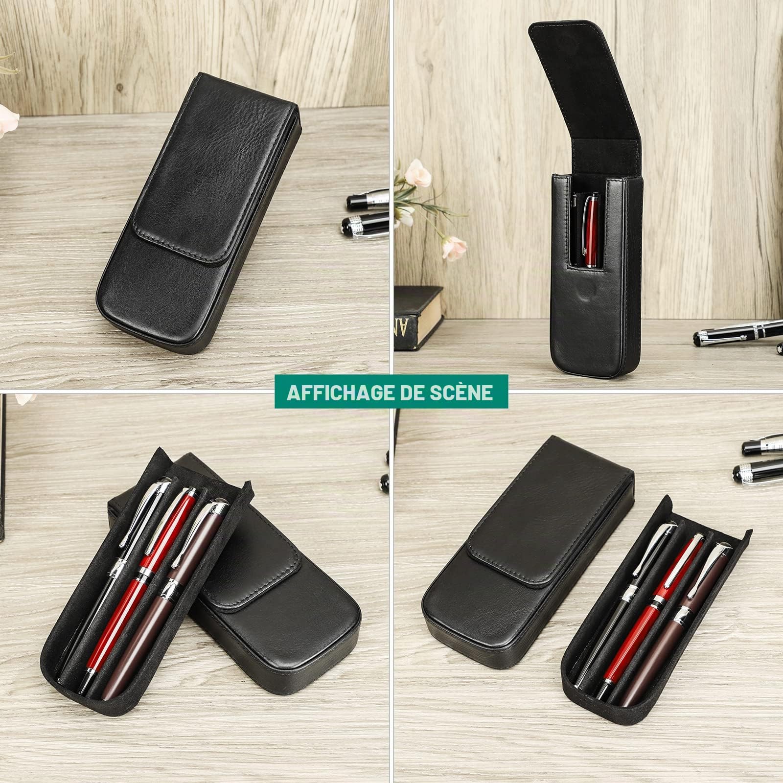 Hiram Étui portable en cuir pour stylos avec fermeture magnétique cachée et bac à stylos, design amovible, Noir , For 3 Pens