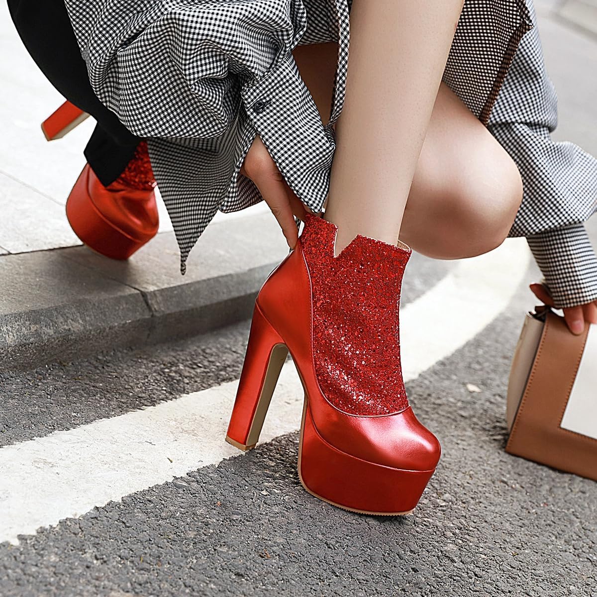 Women's Chunky Platform High Heel Ankle Boots Glitter Sequins Zipper Wedding Party Dressy Short Booties