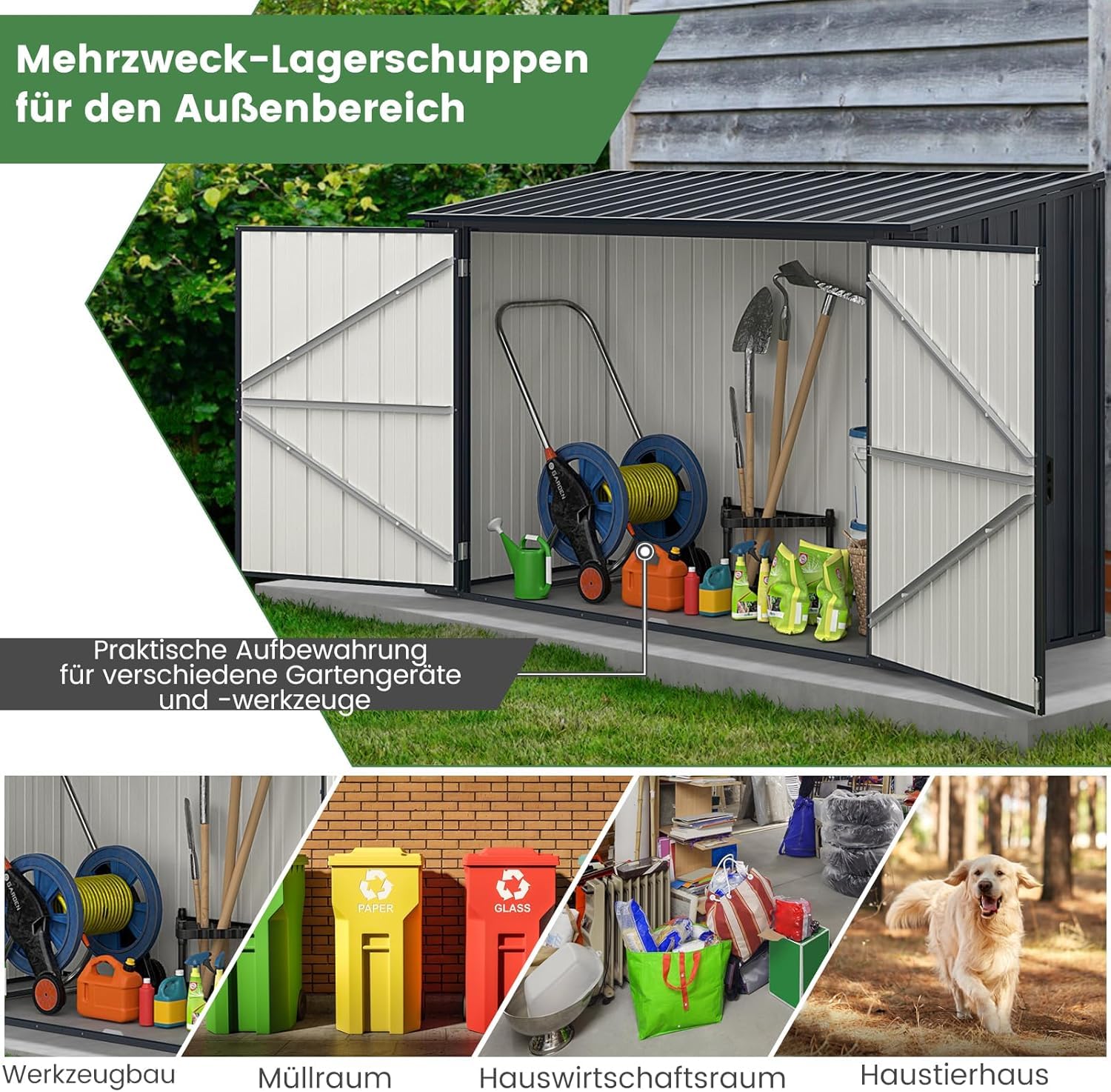 RELAX4LIFE Metall Gerätehaus, 193 x 86 x 127 cm, Gartengerätehaus Outdoor mit abschließbaren Türen, Wetterfester Geräteschuppen für Mülltonnen, Werkzeuge, Fahrrad, Gartenhaus 1,9m³, Anthrazit