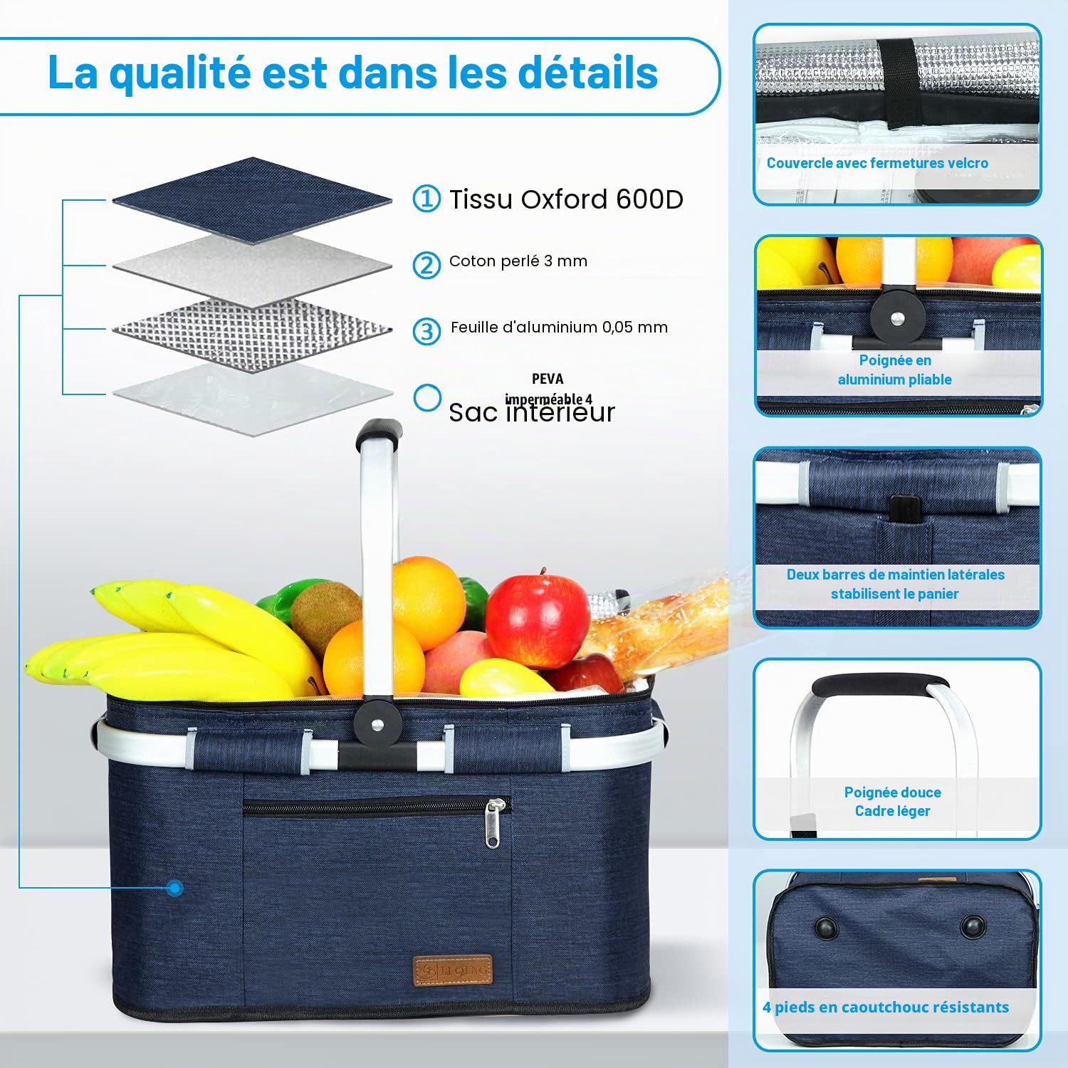 ABIUBIU Sac isotherme 34 l - Grand panier isotherme - Sac isotherme pour le bureau, le camping, le pique-nique, les voyages, avec support latéral