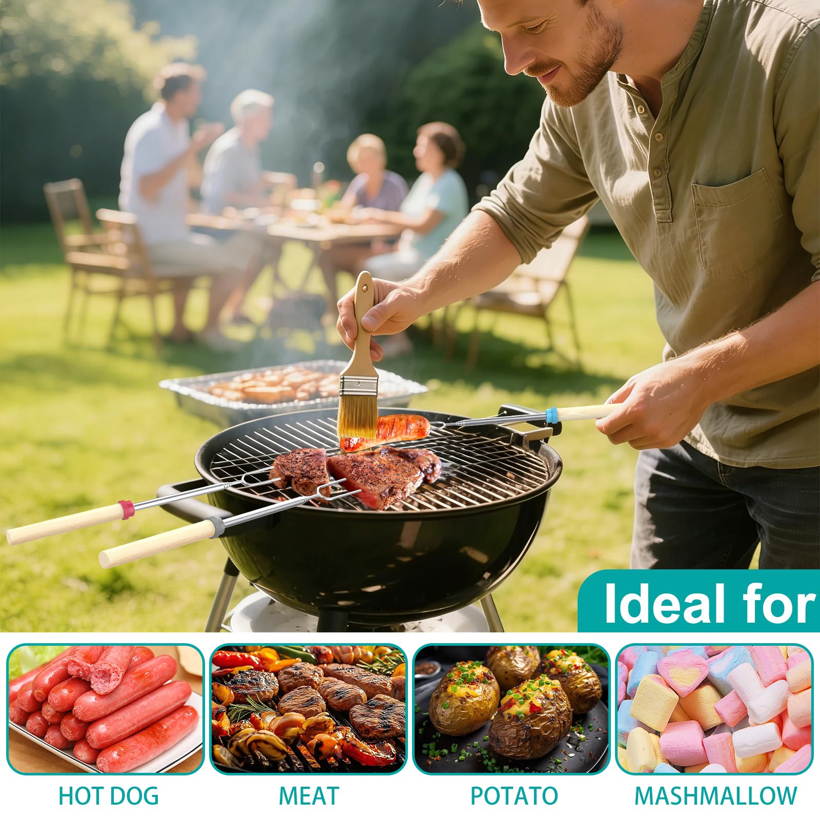 GeeRic Marshmallow Toasting Forks, 6 Pack Extendable Stainless Steel Sticks Barbecue Forks U Shape Hot Dog Fork with Wooden Handle for Roasting Marshmallows and Hot Dogs Camping — view 3