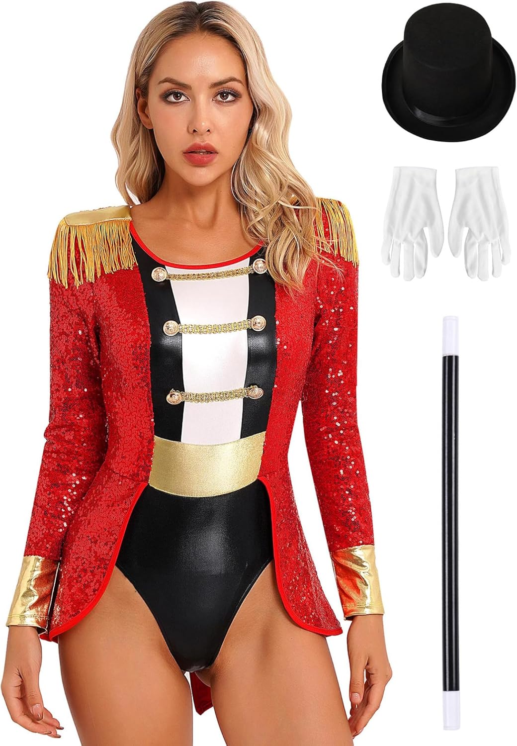 Women's 2025 Ringmaster Costume Circus Ring Leader Outfit Master Lion Tamer with Hat and Gloves Magic Wand Set