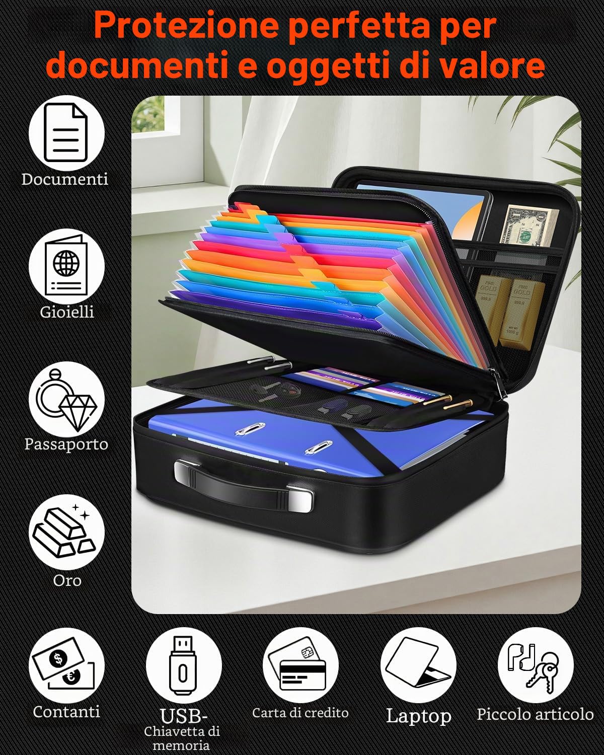 Scatola portadocumenti ignifuga – Organizzatore per documenti con serratura a combinazione e 13 scomparti, portatile, impermeabile, resistente al fuoco, per importanti file A4, certificati, laptop e