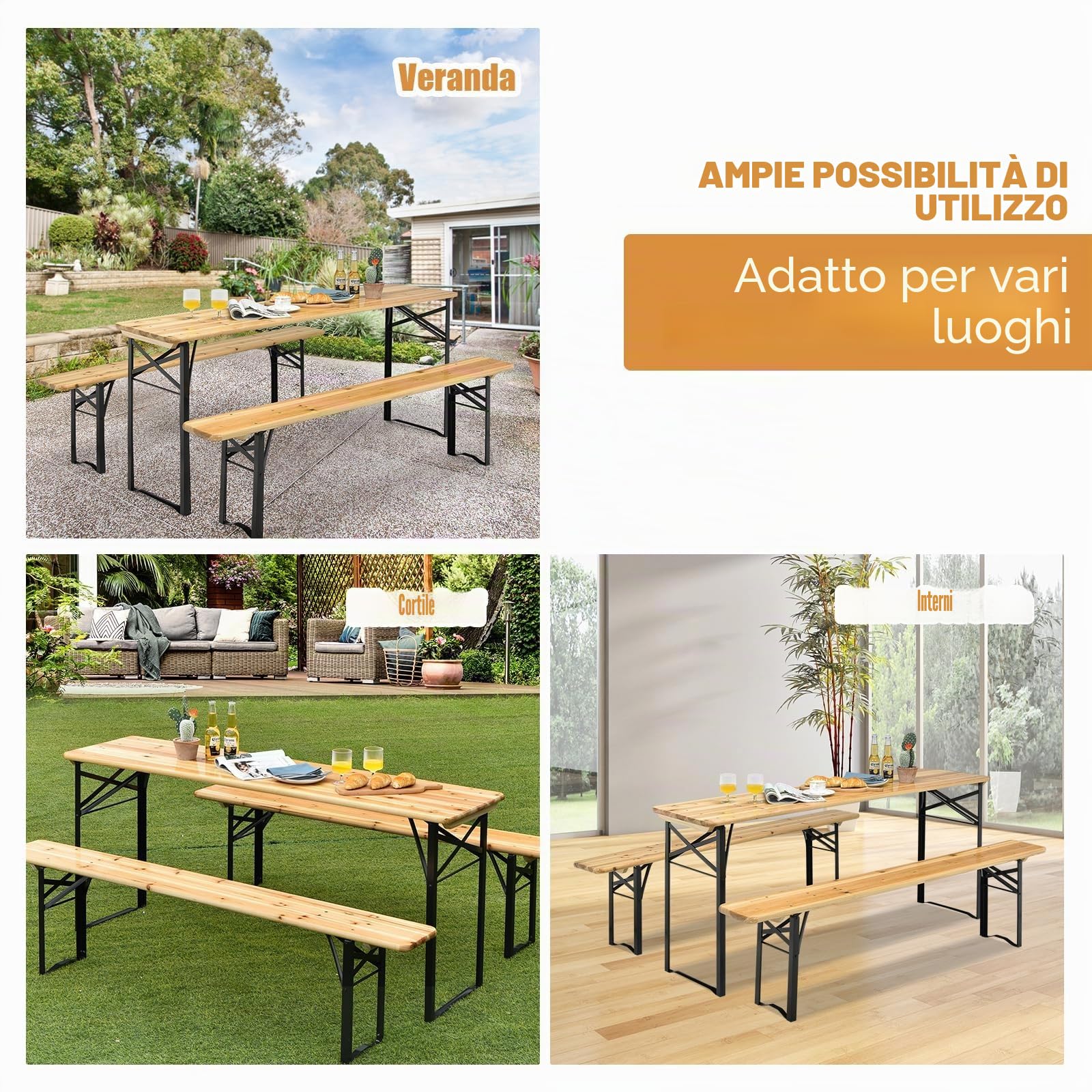 FANTASK Set di 3 tavoli da campeggio con 2 panche, set di tavoli da campeggio, telaio in metallo, tavolo da picnic, per terrazza e giardino, 178 x 46 x 76 cm