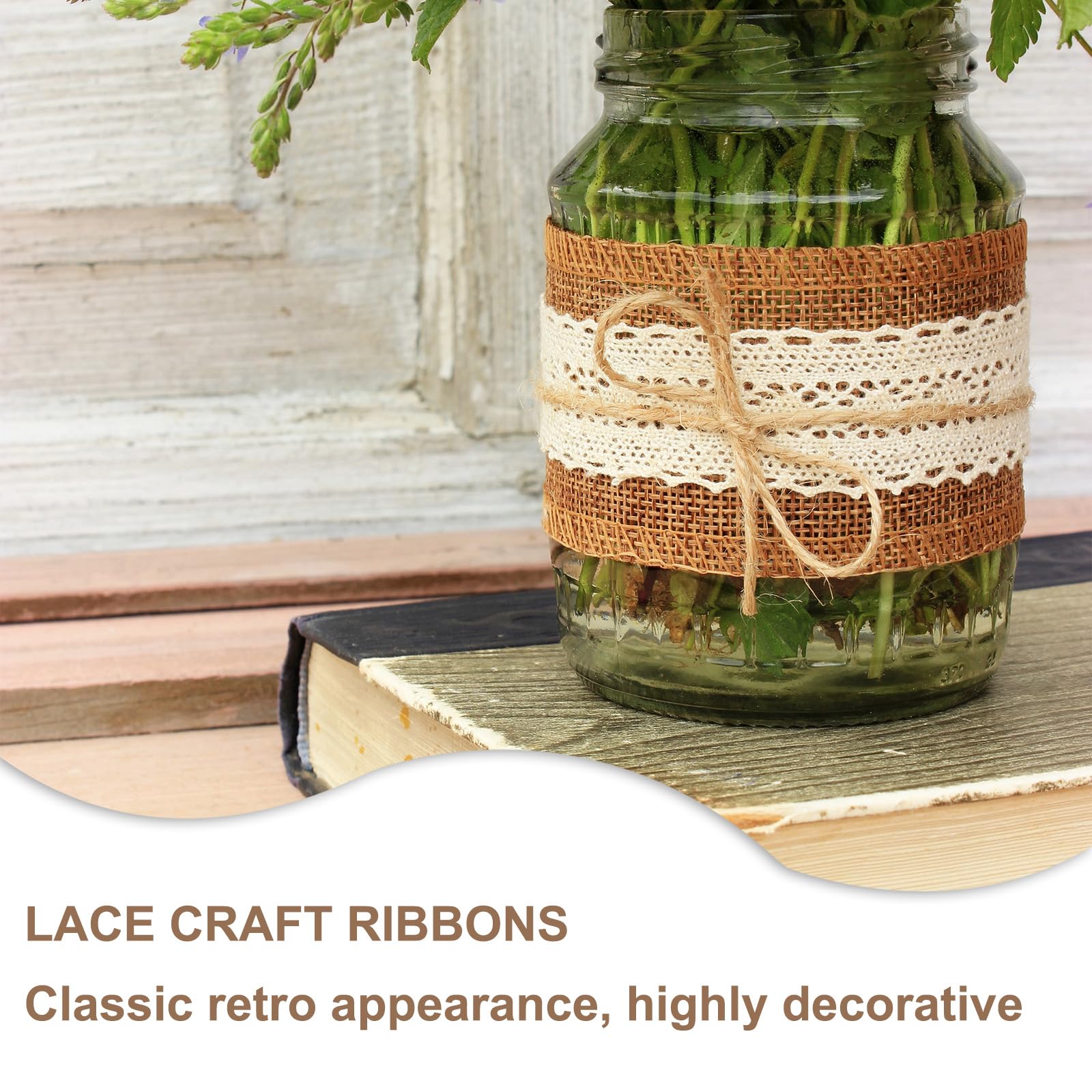 Toile Elastique Lot De 12 Rouleaux De Ruban De Jute Naturel Et Dentelle, Ruban De Jute Avec Dentelle Vintage Blanche, Pour Travaux Manuels - Maison Ruban Jute Dentelle