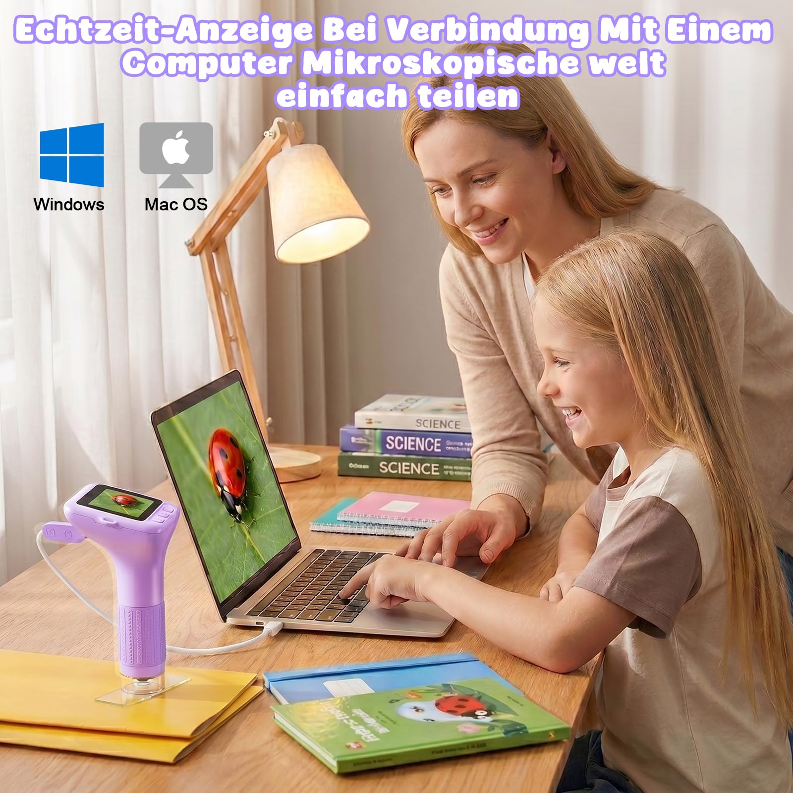 Digitales Mikroskop für Kinder 1000x Vergrößerung, Tragbares Mikroskop Kinder mit 3,0 Zoll HD Bildschirm, Fotofunktion und PC-kompatibel, Kindermikroskop für Garten, Wald & Outdoor (Lila)