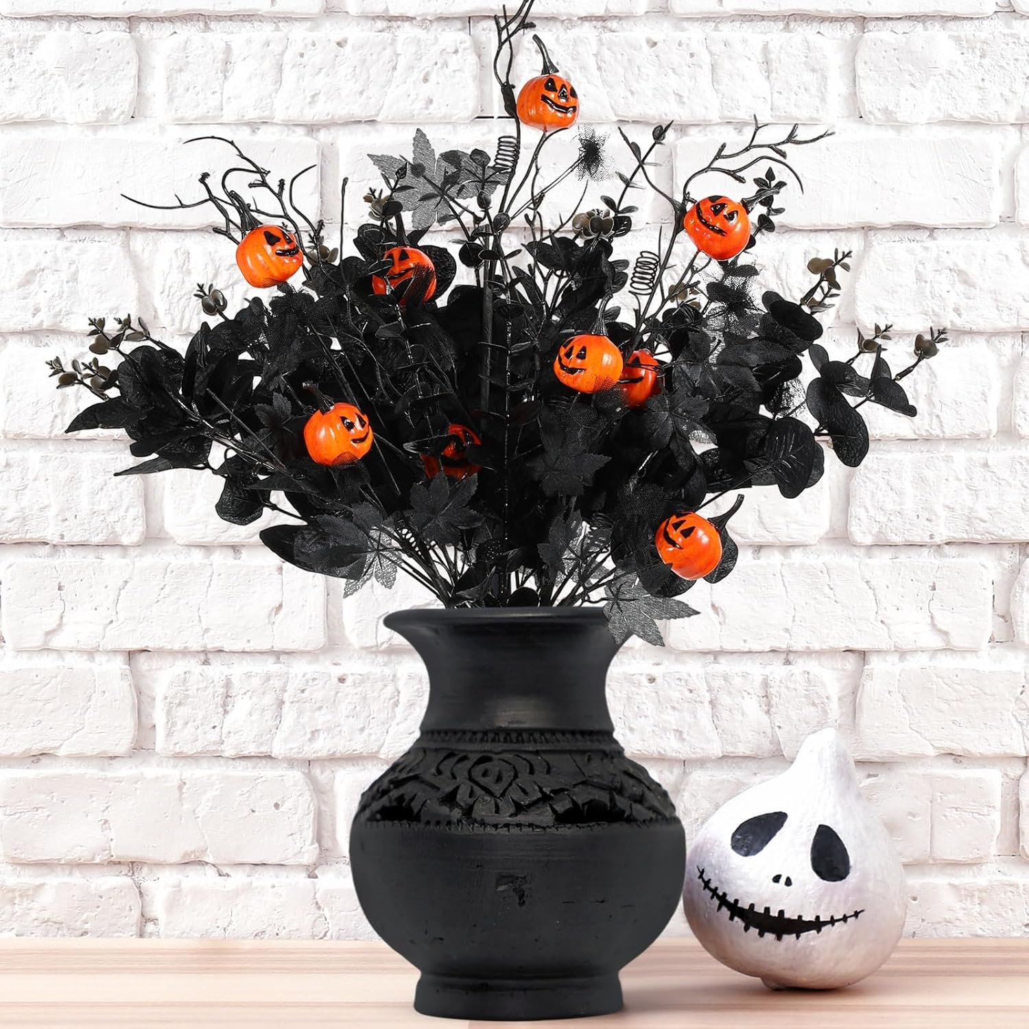 12 Pcs Halloween Decorations Artificial Flowers with Pumpkins, Maple Leaf Floral Stems Black Eucalyptus Halloween Centerpiece for Tables Vase Fillers Gothic Party Ornaments and Picks 12 Pumpkin Maple Leaf