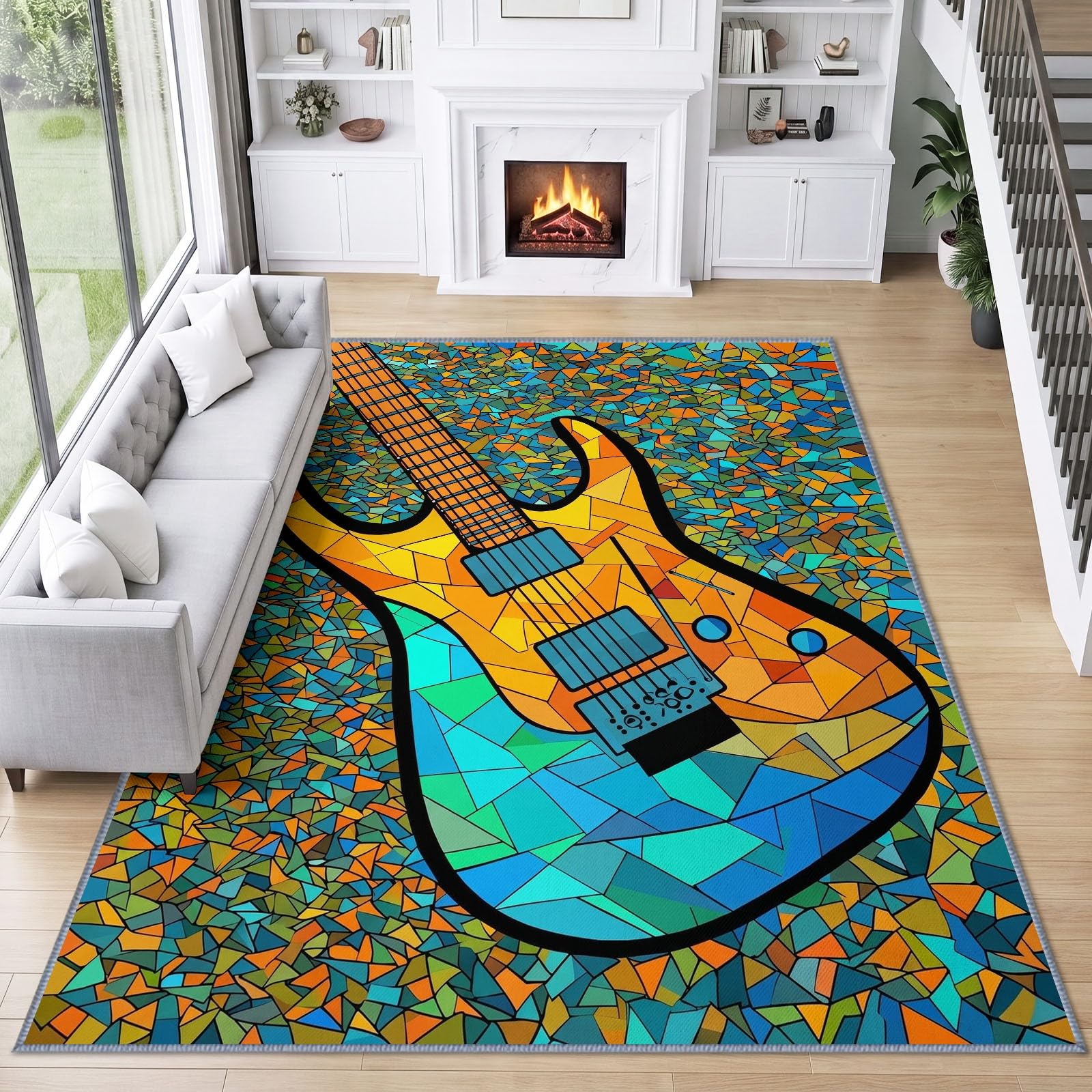 Tapis de Salon Lavable 180 x 240 cm Guitare Électrique Vitrail, Tapis Antidérapant à Poils Ras Géométrique pour Cuisine Bureau Salle à Manger - Moquette Décoration Intérieure Chambre d'enfant